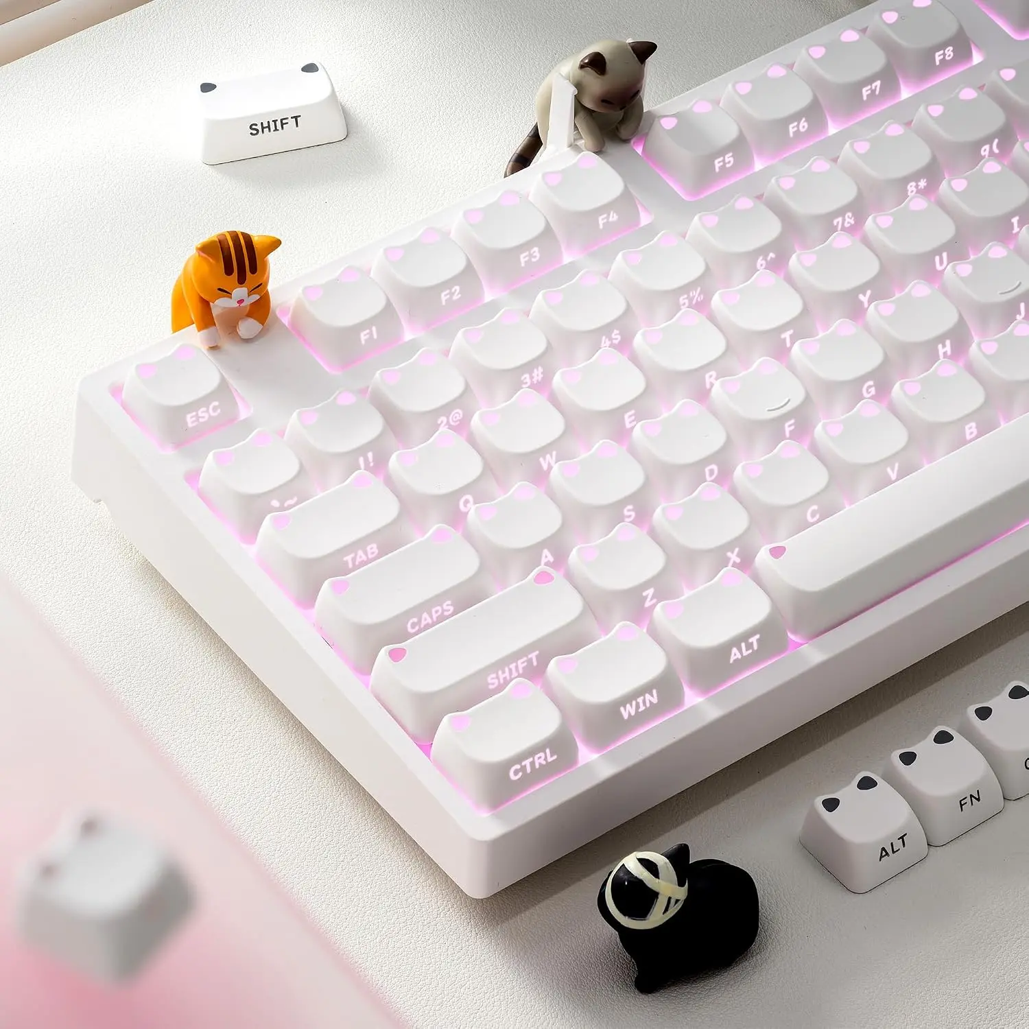 XVX Lumicat Mao Profile Side-Printed Shine-Through PBT Keycaps, 113  Double-Shot Dye-Sublimation Creamy White Keycap Set, Compatible with MX Switches Mechanical Keyboard