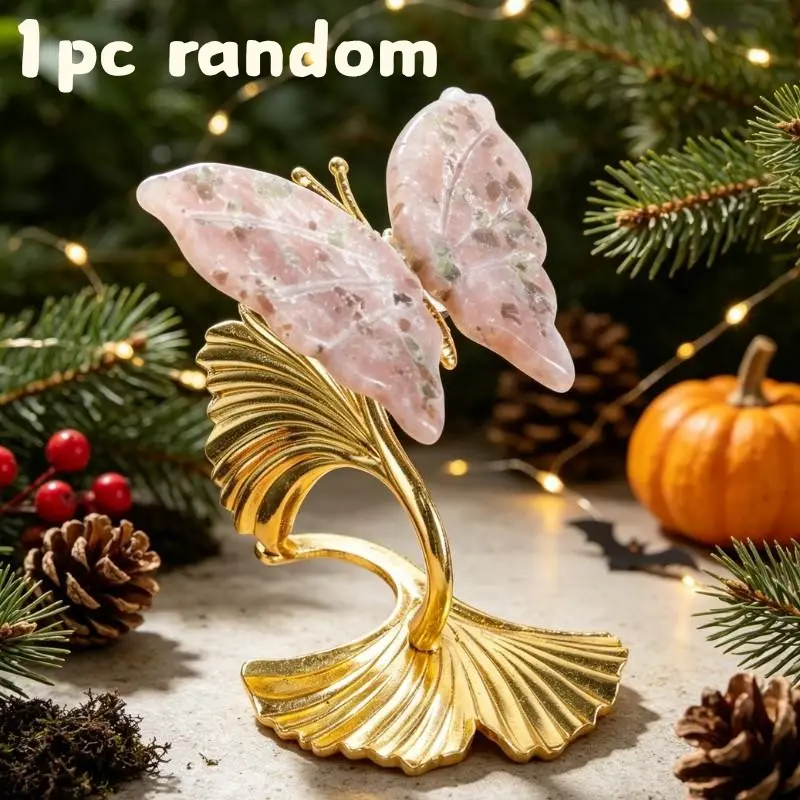 Natural Gemstone Butterfly Wing Decoration, Metal Ginkgo Leaf Stand, Polished Striped Mineral, Halloween Christmas Decor, Collectible Gift