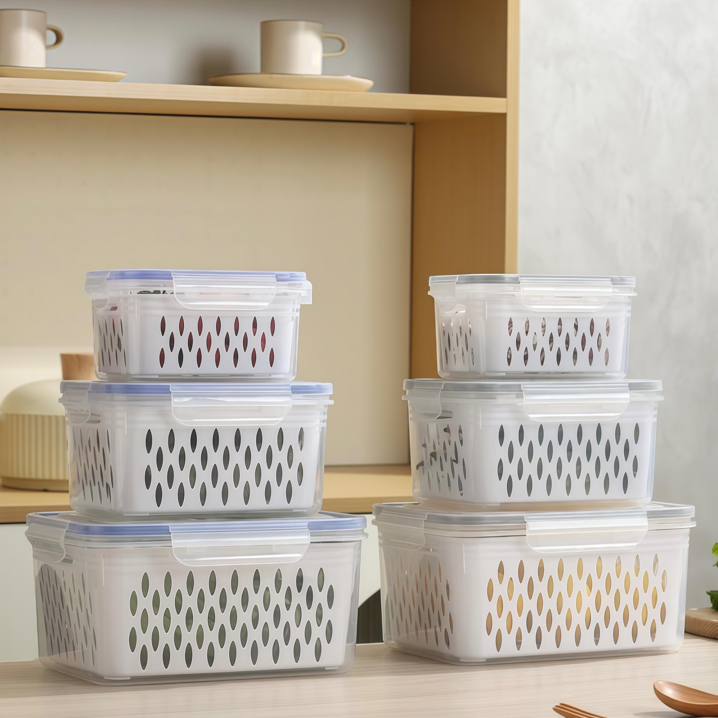 Food Storage Box with Lid, 6 Counts/set Including 3 Reusable Fruit & Vegetable Storage Container & 3 Drainers, Stackable Food Storage Box for, Home Kitchen Outdoor Picnic, Utensils, Stackable Fridge Organizer