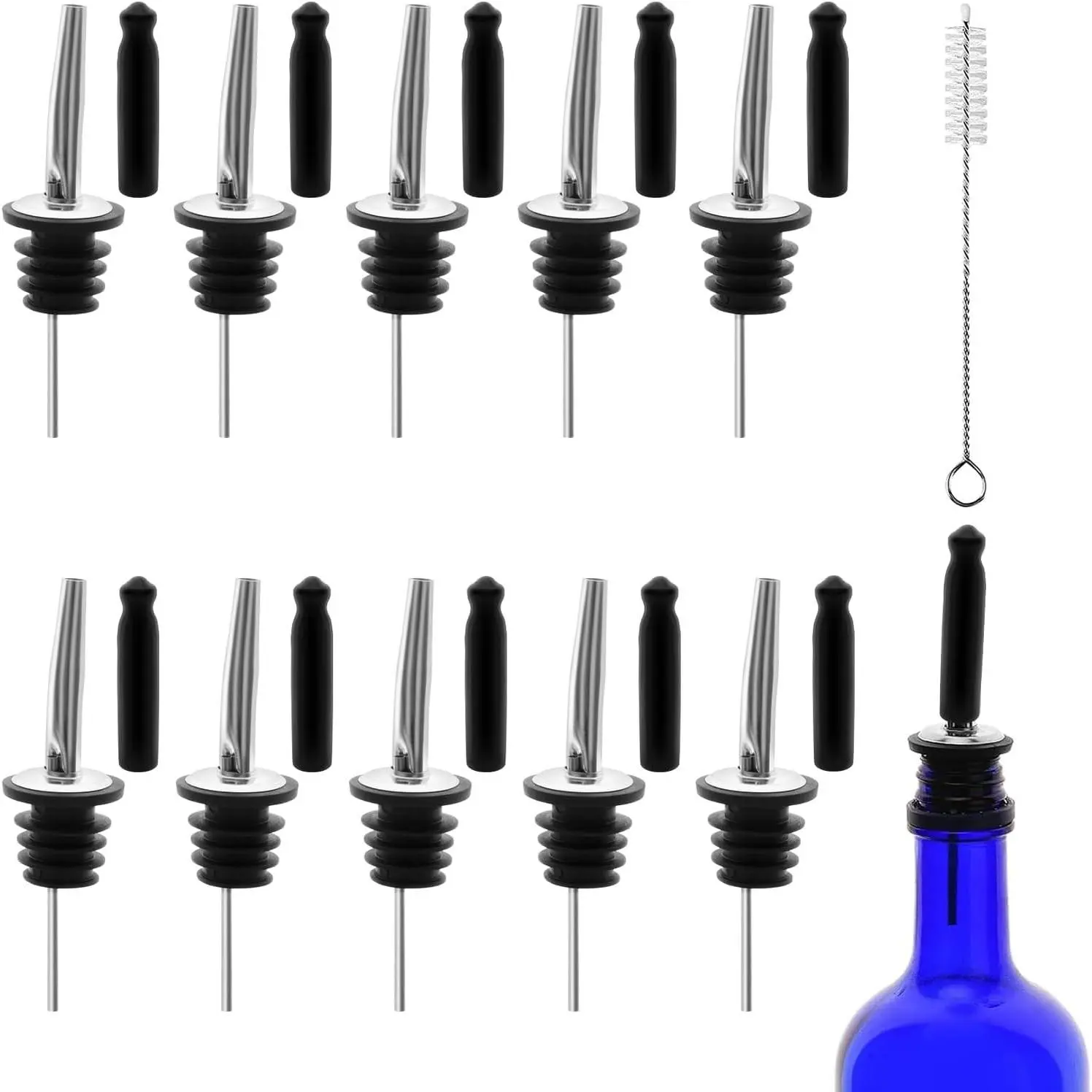 10 PCS Bottle Pourers with Dust Caps, 10 PCS Lengthened Flat Rubber Spouts Speed Pourers for Alcohol, Olive Oil Bottles, Speed Pourer