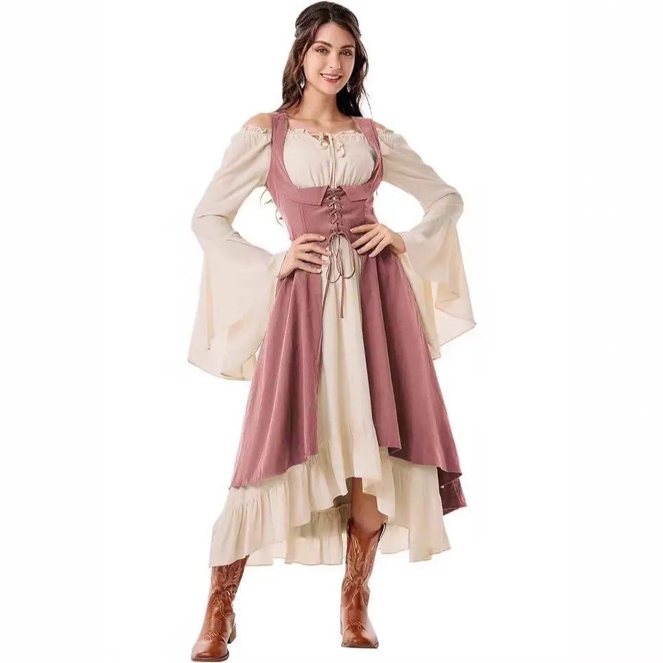 Women's Pirate Costume, Renaissance Peasant Style High-Low Dress with Underbust Corset and Side Slit, Halloween Party Clothes, Costumes, Plus Size, Normal Type