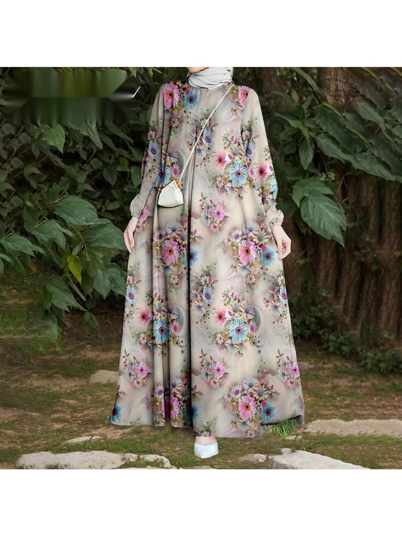 Women's Beige Embroidered Maxi Dress Long Sleeve Modest Muslim Casual Summer Vacation Outfit