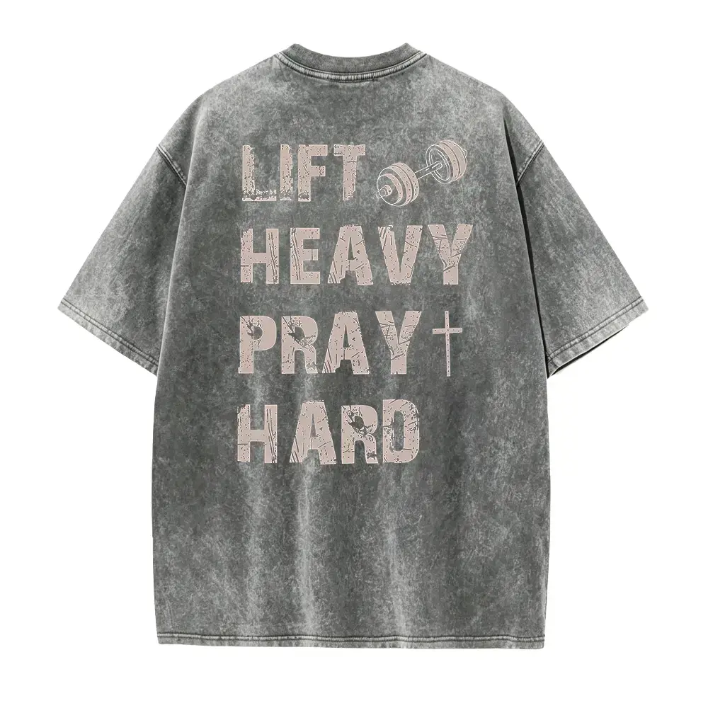 Lift Heavy Pray Hard Gym Faith Graphic Tee Vintage Wash Acid Wash Heavyweight Premium Cotton Tshirt Back Print Christian Fitness Workout T Shirt Women Short Sleeve Crewneck Top Best Gift Men Loose Casual Top Oversized