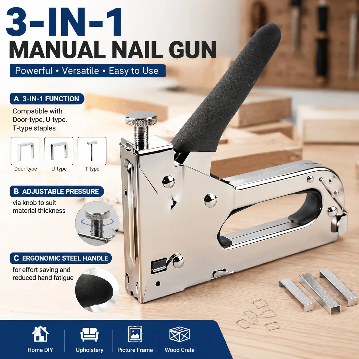 New 2-in-1 Manual & Pneumatic Staple & Nail Gun, Hardware, Heavy Duty Anti-Jam Alloy Firing Pin, 3-Position Quick Change Magazine, for Woodworking, Leather, Drywall, Upholstery, Hardwood