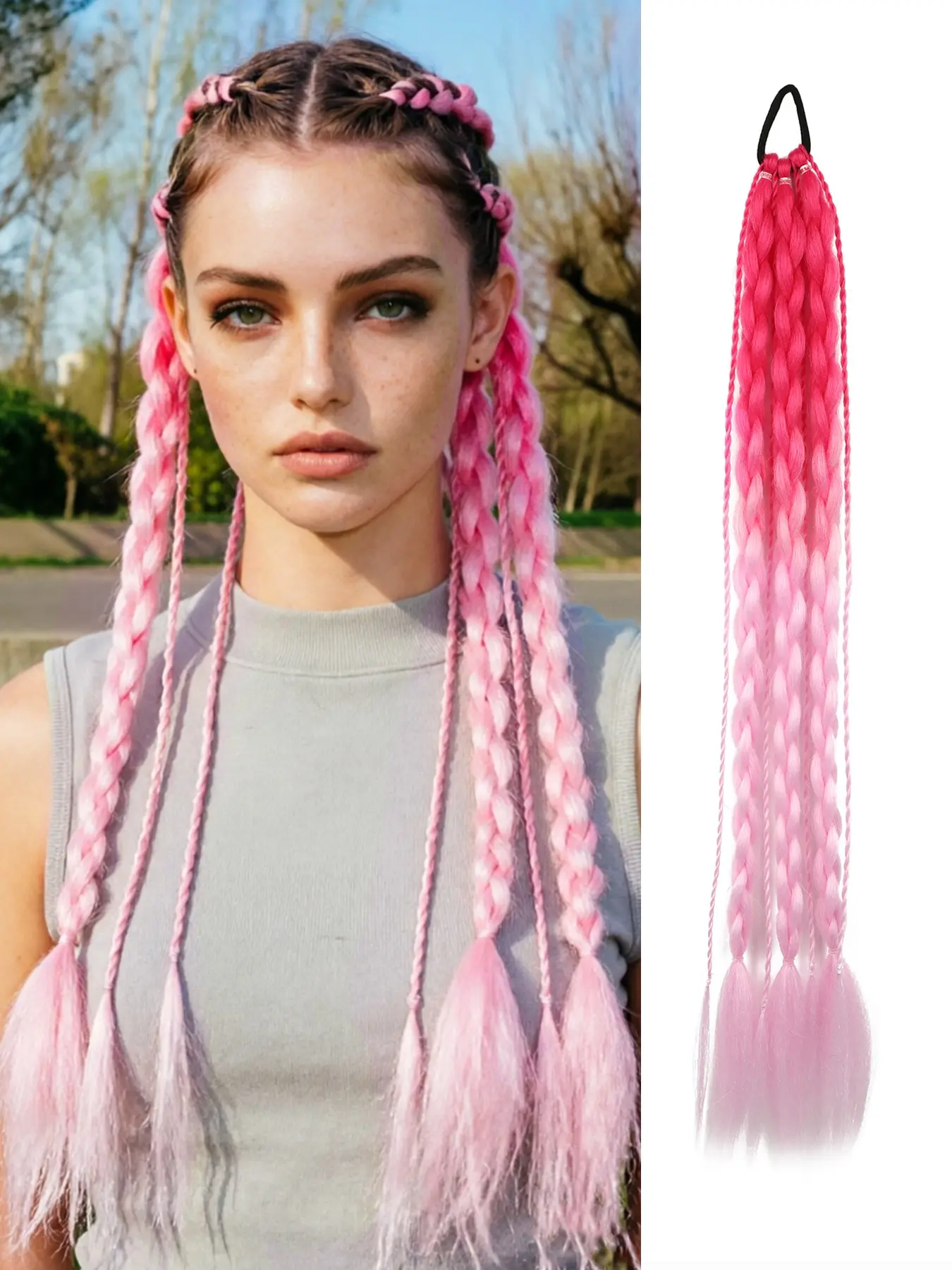 24-Inch Pink Ombré Braided Ponytail Extension – Synthetic Colorful Hair Extension with Elastic Hair Tie; Soft, Natural-Looking Braid; Fun Accessory for Girls' "Crazy Hair Day," DIY Festive & Whimsical Hairstyles, Suitable for Cosplay and Casual Gatherings