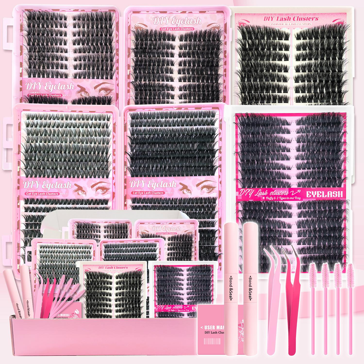 Eyelash Extensions Kit, 1 Set Mixed Length Diy Eyelash Kit, Style False Eyelashes with Tweezers & Eyelash Bond Glue & Remover Eyelash Enhancing Tool, Professional Eye Enhancement Tools, Cosmetic, Makeup, Lash Clusters, Baby Pink Comprehensive Kit