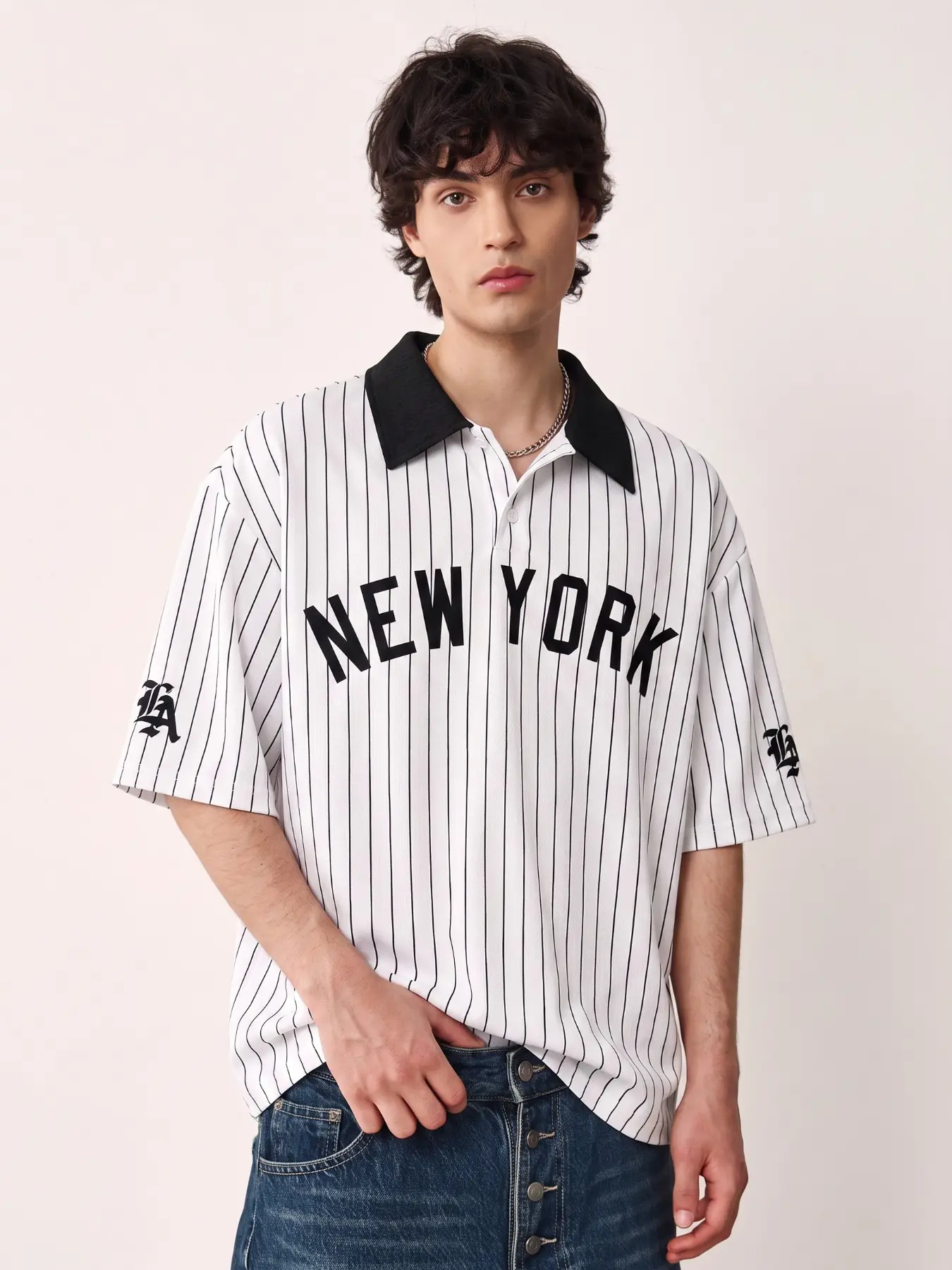 Men's Vertical Stripe Letter Loose Fit Top, Casual Unlined Striped Shirt, Comfortable Daily Wear, Batch Number 202604