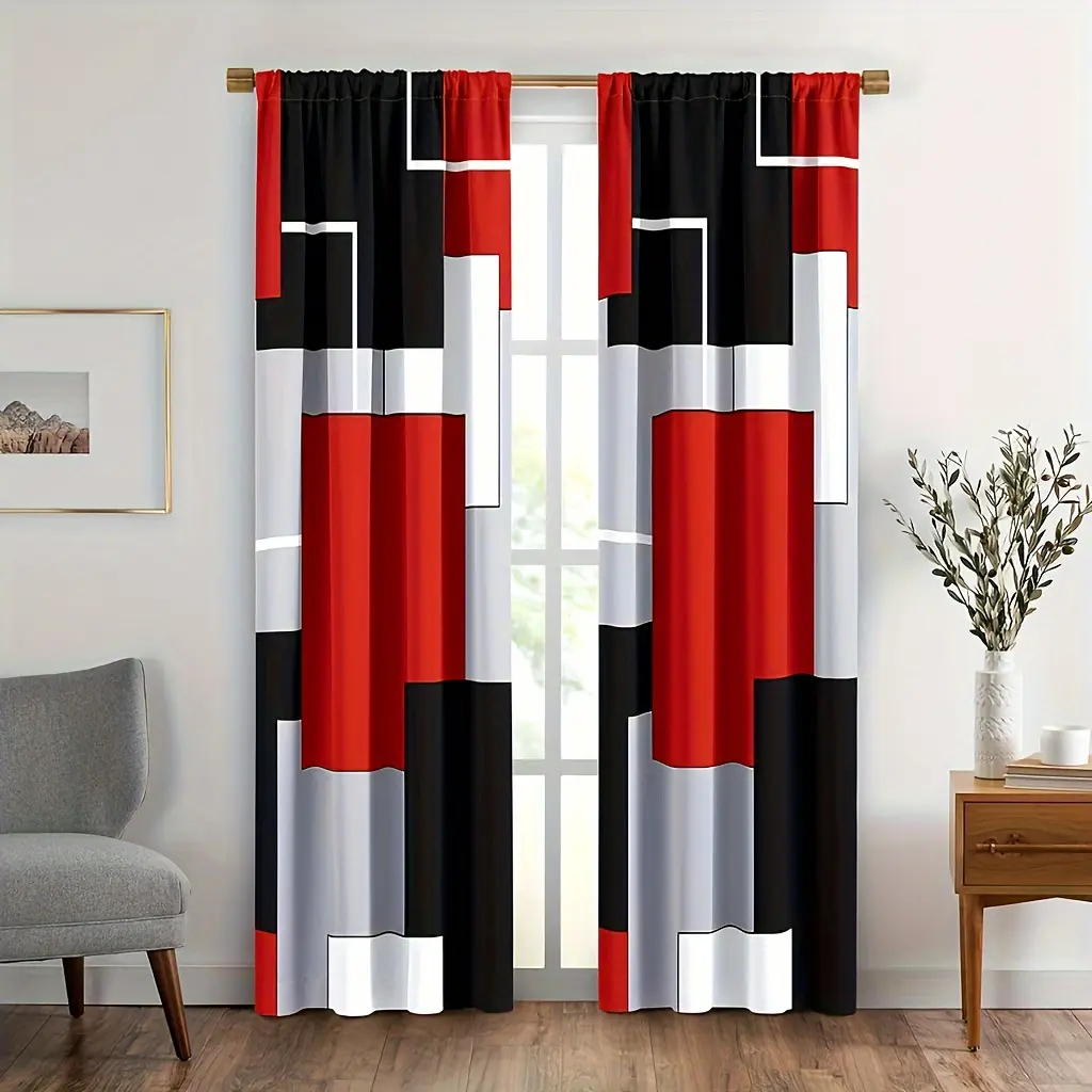 2-Piece Plaid Curtain Set with Rod Pocket - Household Textile Curtain Accessory for Living Room, Bedroom - Available in Red, White, Gray, Black grommet design