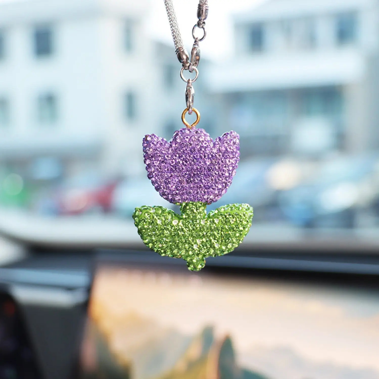 Women Girls' Purple Rhinestone Tulip Shape Car Hanging Decoration - Bling Crystal Rearview Mirror Pendant, Cute Flowers Synthetic Auto Interior Decor, All Seasons Trinket