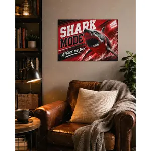 Shark Mode Canvas Wall Art, Attack the Day Shark Poster, Bold Motivational Sports Style Wall Decor for Boys Room Bedroom Office Game Room, Poster or Wrapped Canvas,wall decor,poster.