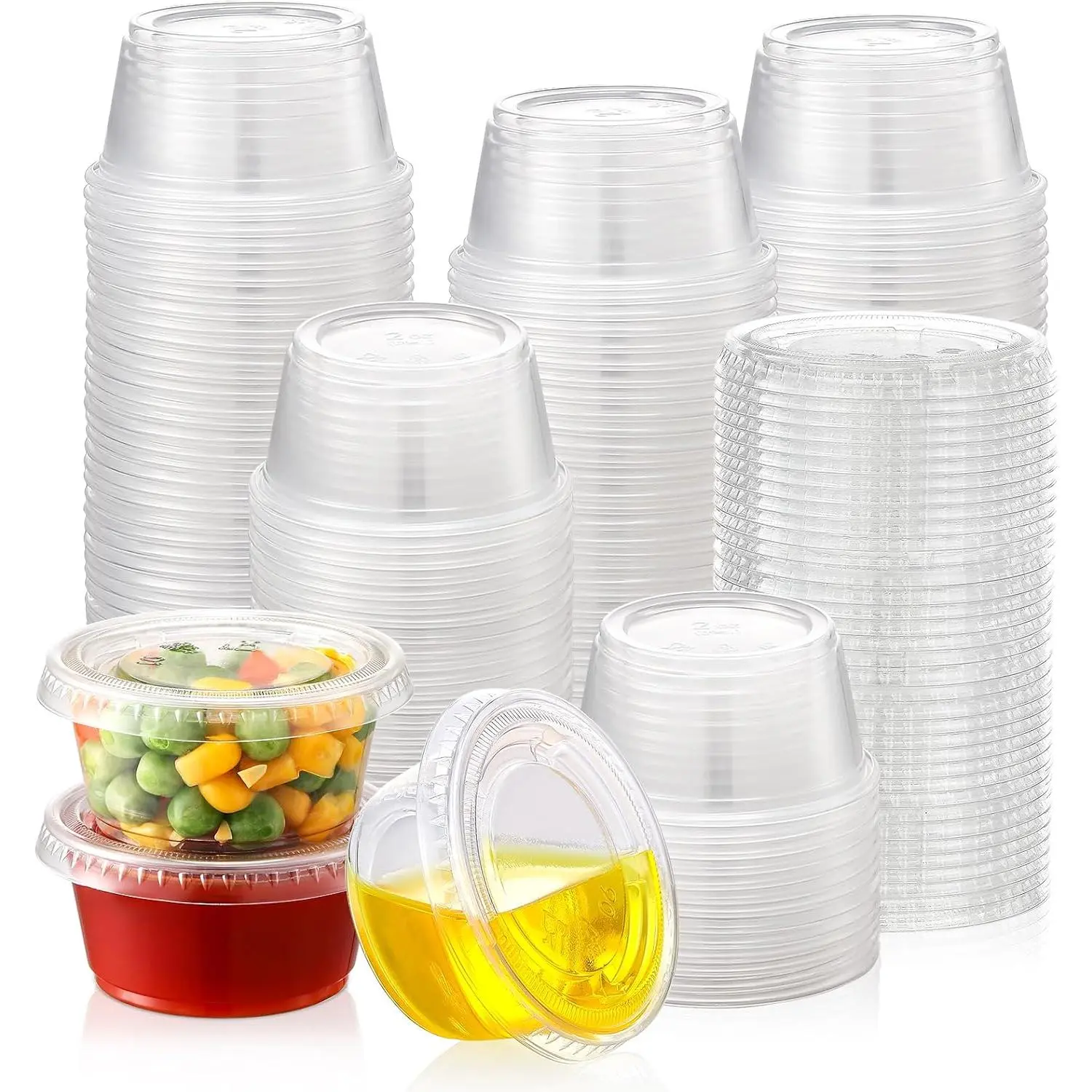 60 Sets - 2 oz Jello Shot Cups, Portion Cups With , Small Plastic Containers with , Airtight and Stackable Souffle Cups