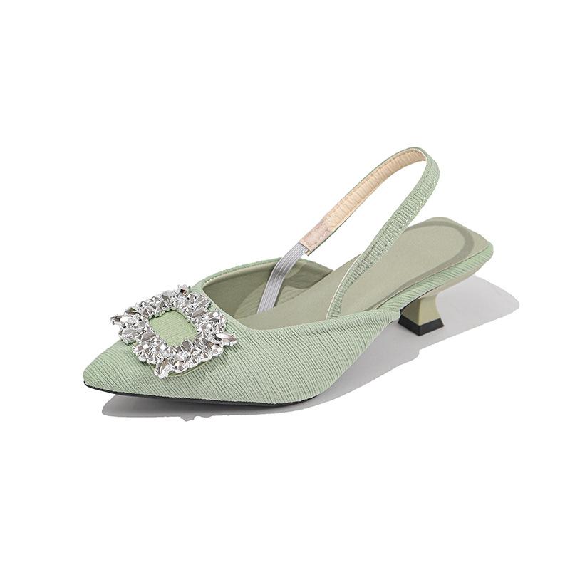 Women Summer Sandals Rhinestone Square Buckle Fairy Style Open Back French Style Stiletto Pointed Toe