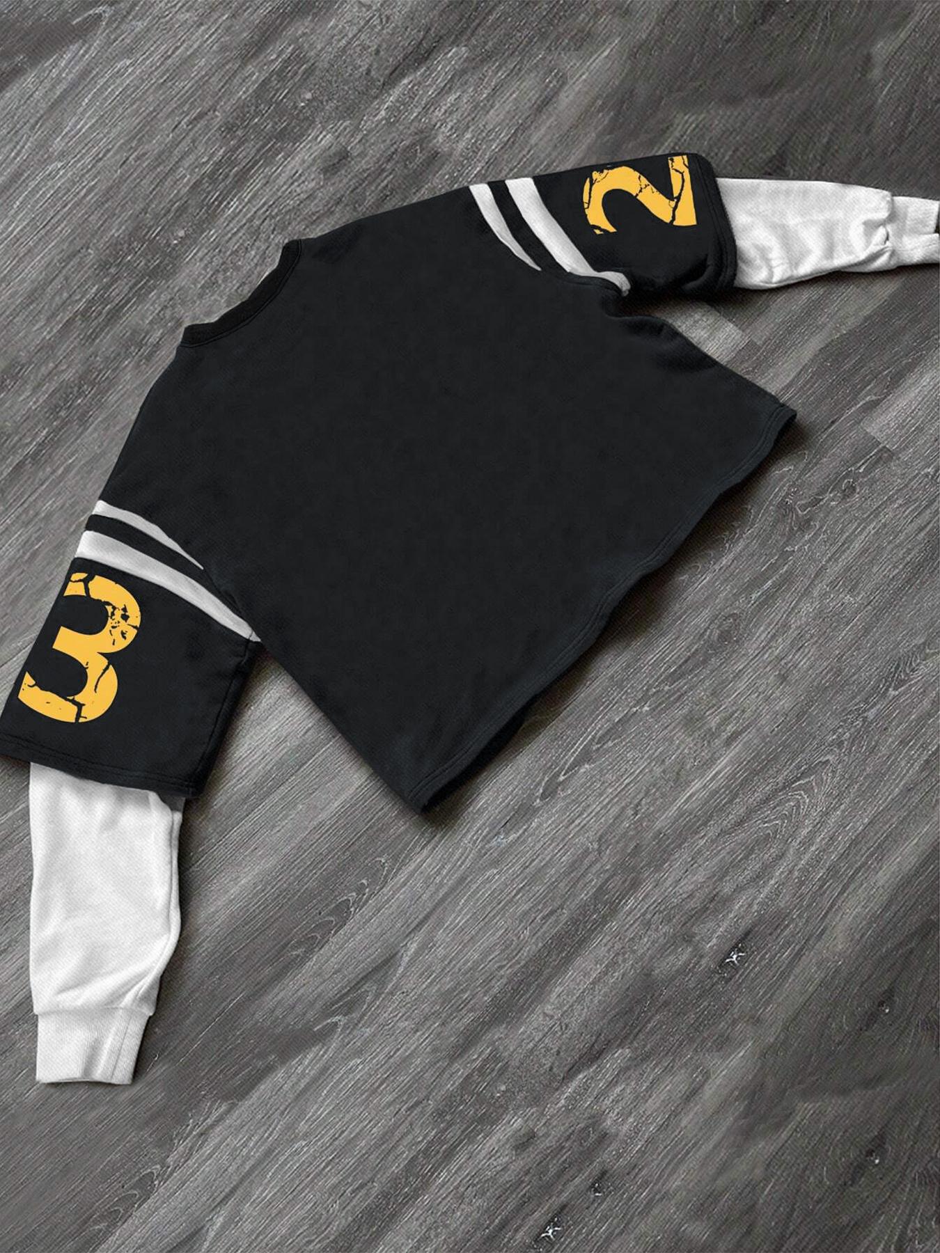 Men's Letter & Number Print 2 in 1 Drop Shoulder Camo Sweatshirt, Regular Fit Casual Long Sleeve Round Neck Pullover for Fall & Winter, Men's Clothes for Daily Wear