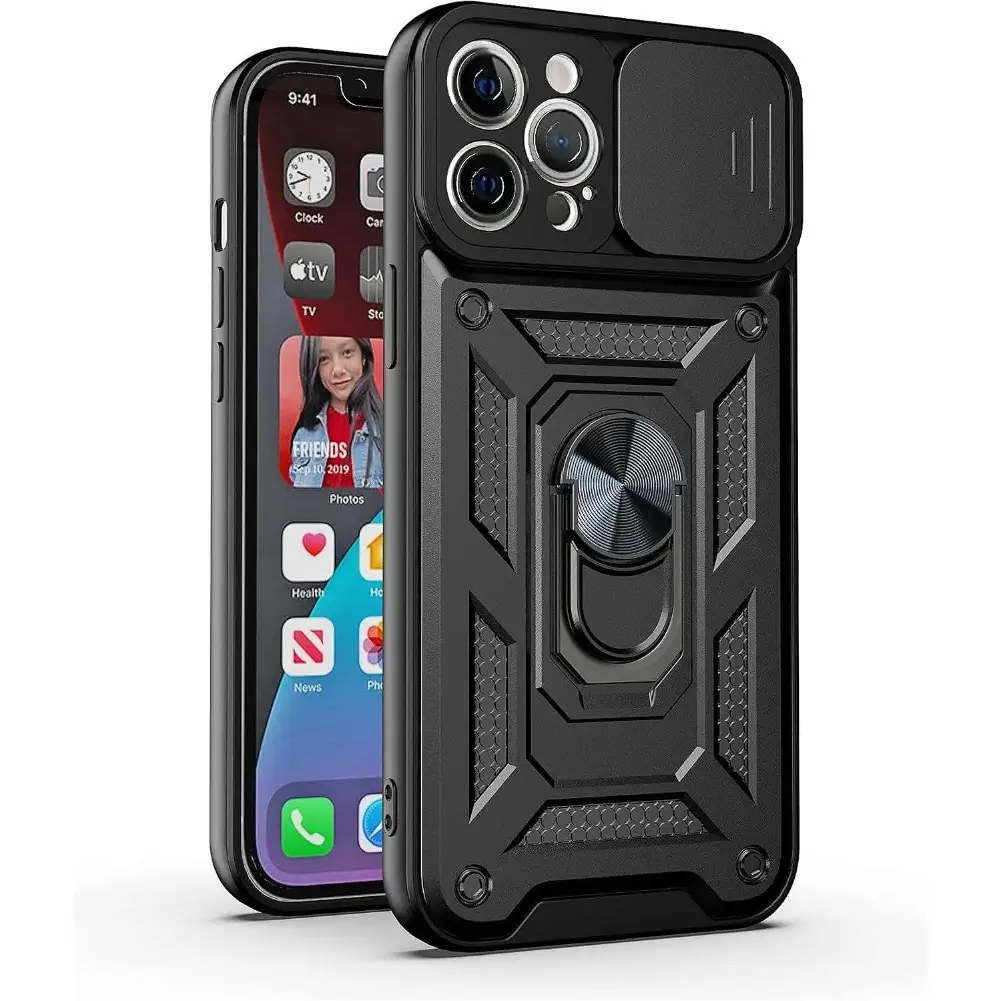Slide Camera Lens Cover Phone Case Compatible with iPhone 17 Pro Max 16 15 14 13 12 Pro Max Plus, Military Grade Anti-Drop Shockproof Cover, Rotatable Ring Kickstand, Fits Magnetic Car Mount invisible stand protective
