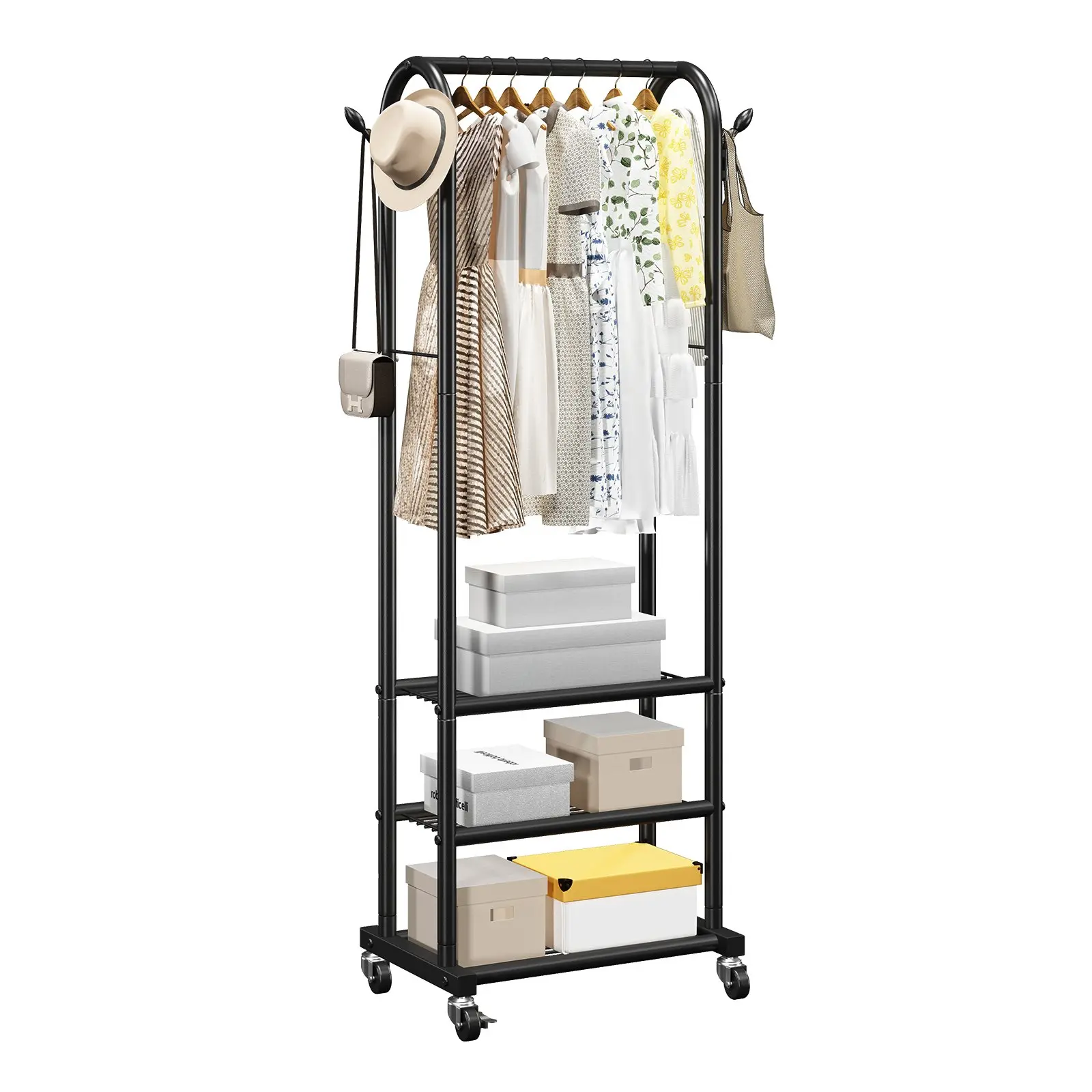 【DealsForYouDays】VEVOR Clothes Rack, Rolling Clothing Garment Rack with Hanging Rod and Side Hooks, 3 Storage Shelves, 99 lbs Load Capacity, Heavy Duty Carbon Steel Clothing Racks for Bedroom, Laundry, Living Room