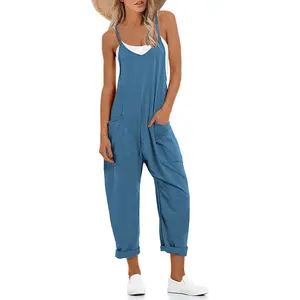 Casual Jumpsuits V Neck Sleeveless Harem Overalls Stretchy Adjustable Strap Romper with Pockets