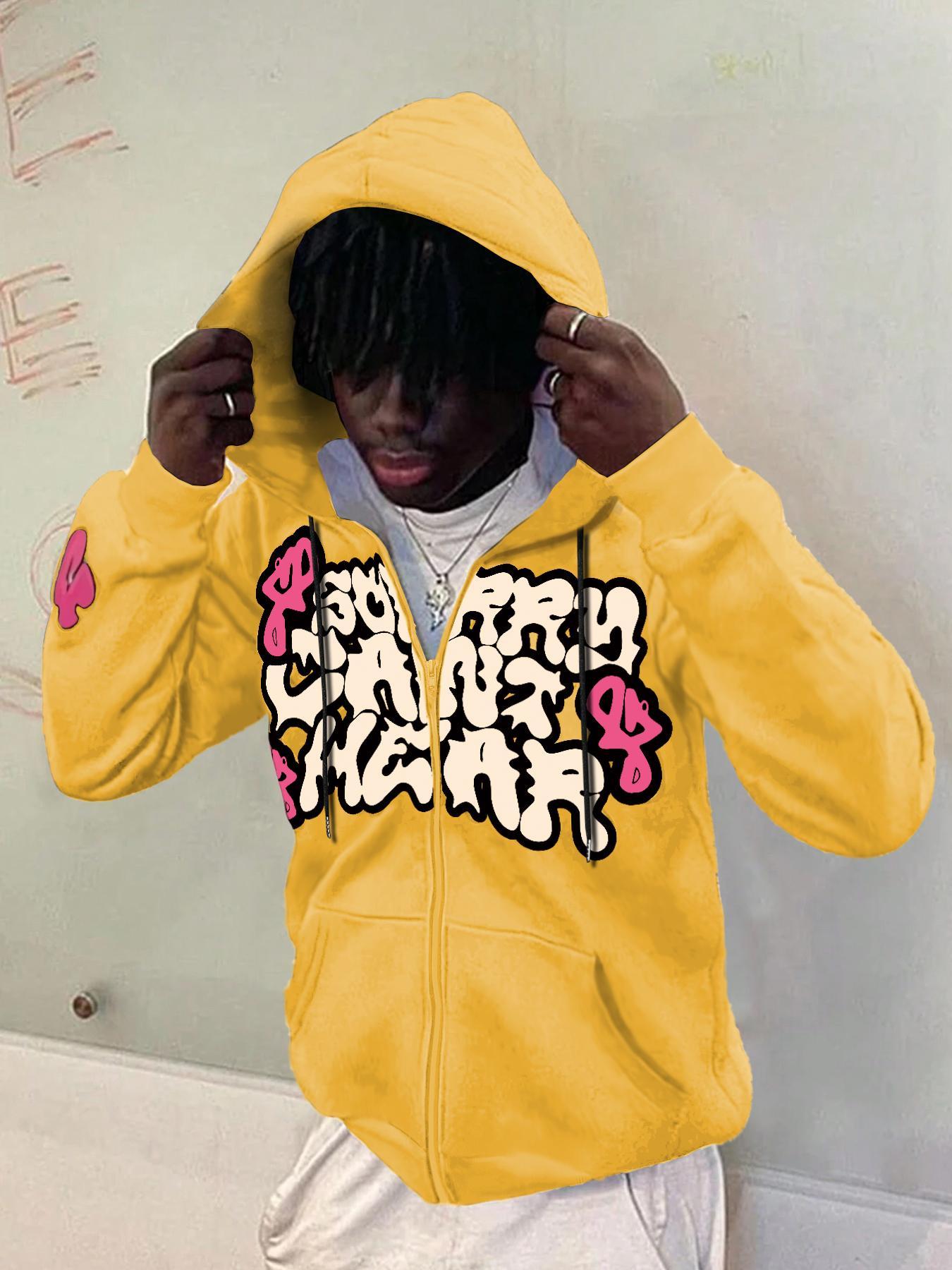 Men's Regular Fit Graphic Print Drop Shoulder Zip Up Hoodie, Fashion Casual Drawstring Pocket Plush Lined Hooded Sweatshirt for Daily Holiday Outdoor Wear, Men Clothes for Fall & Winter, Hooded Zipper Hoodie, Affirmation Zip Hoodie