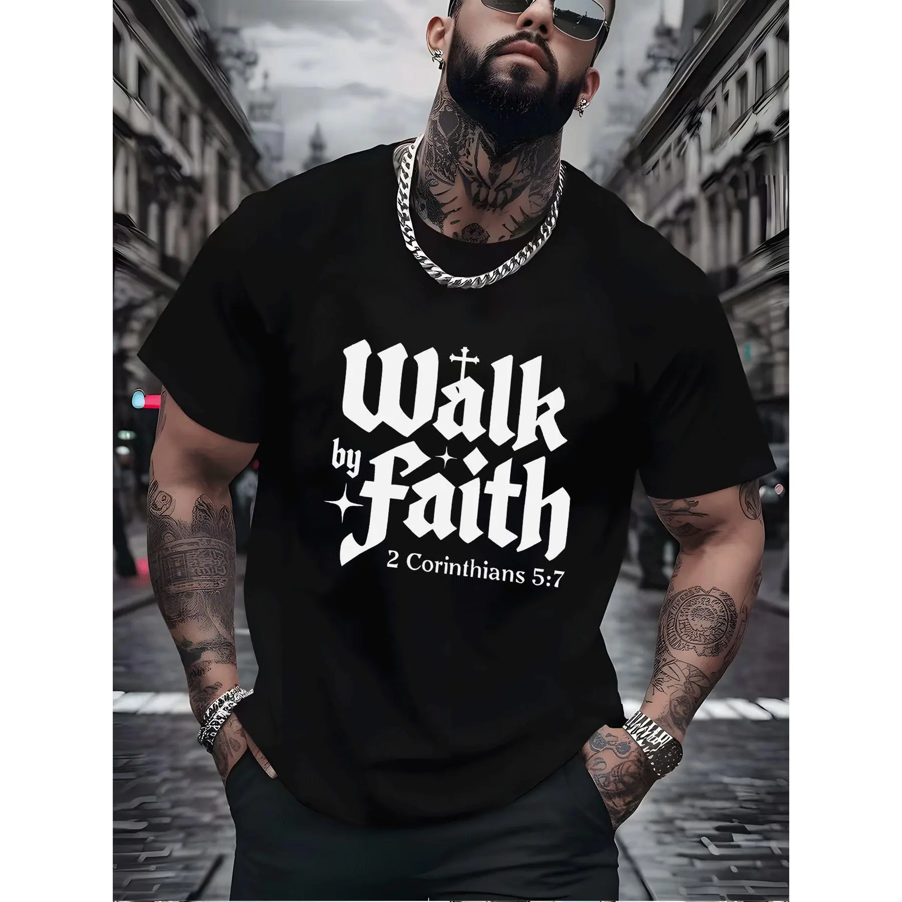 Casual Black T-Shirt Walk By Faith 2 Corinthians 5:7 Religious Cross Print Street Style Adult Men Fashion Daily Wear, Round Neck Casual Streetwear, Holiday Shirt, Unisex Fit, Practical Design