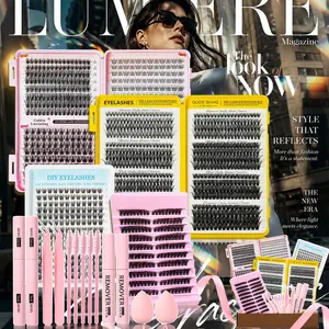 Clustered Eyelash Extension Set, available in various sizes - natural type, cat-eye type, ultra-thick type. The texture is soft and lightweight. It includes adhesives and sealants, makeup remover products, tweezers, brushes, makeup sponges