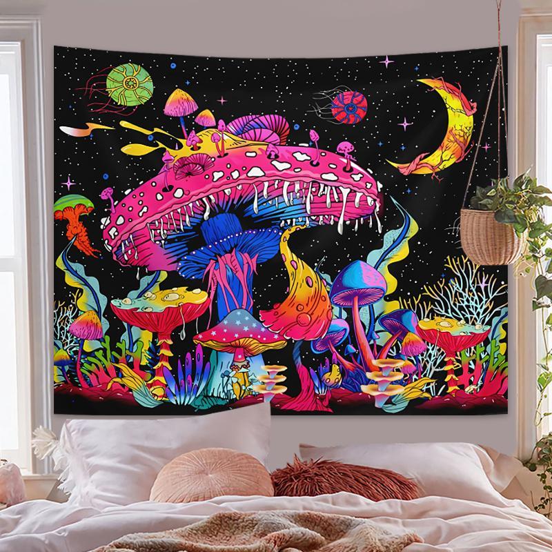 Fluorescent Mushroom Print Tapestry, Durable Decorative Tapestry, UV Black Light Home Decor Posters Tapestry, Glow In The Dark Wall Hanging for Living Room, Bedroom Accessories, Summer Gift