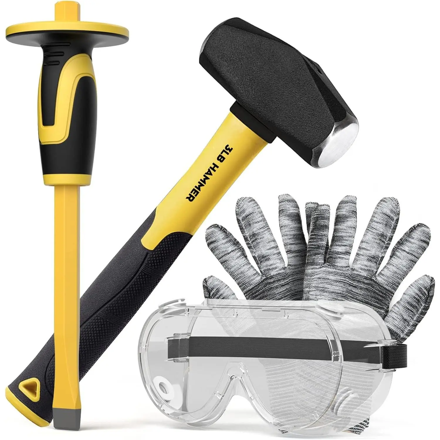 4 count Geology Rock Pick Equipment Kit, 3 Pound Sledge Rock Hammer with 12" Mason Concrete Chisel, Safety Glasses, Gloves, Tool Set for Hounding,  Mining & Prospecting, Brick Stone Breaking