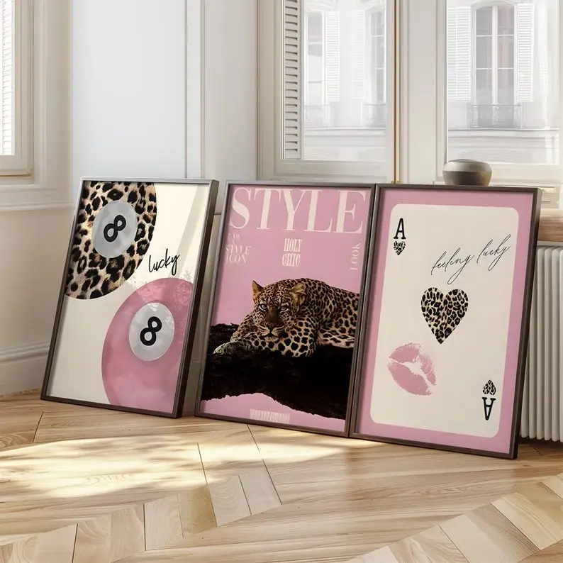 Coquette Wall Art Set of 3: Pink Leopard Print Posters, Lucky 8 Ball Print (Digital Download)