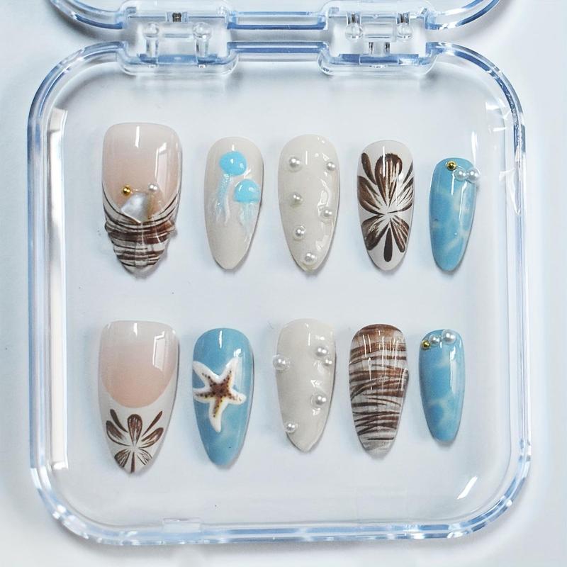 10 Pcs Medium Almond Press-On Nail Set, Includes 3D Ocean Shell, Starfish, Pearl Decorations, Hand-Painted Floral Details, Easy DIY Beach Vacation & Daily Charm Nails 10 Pcs Medium Almond Press-On Nail Set, Includes 3D Ocean Shell, Starfish, Pearl Decorations, Hand-Painted Floral Details, Easy DIY Beach Vacation & Daily Charm Nails