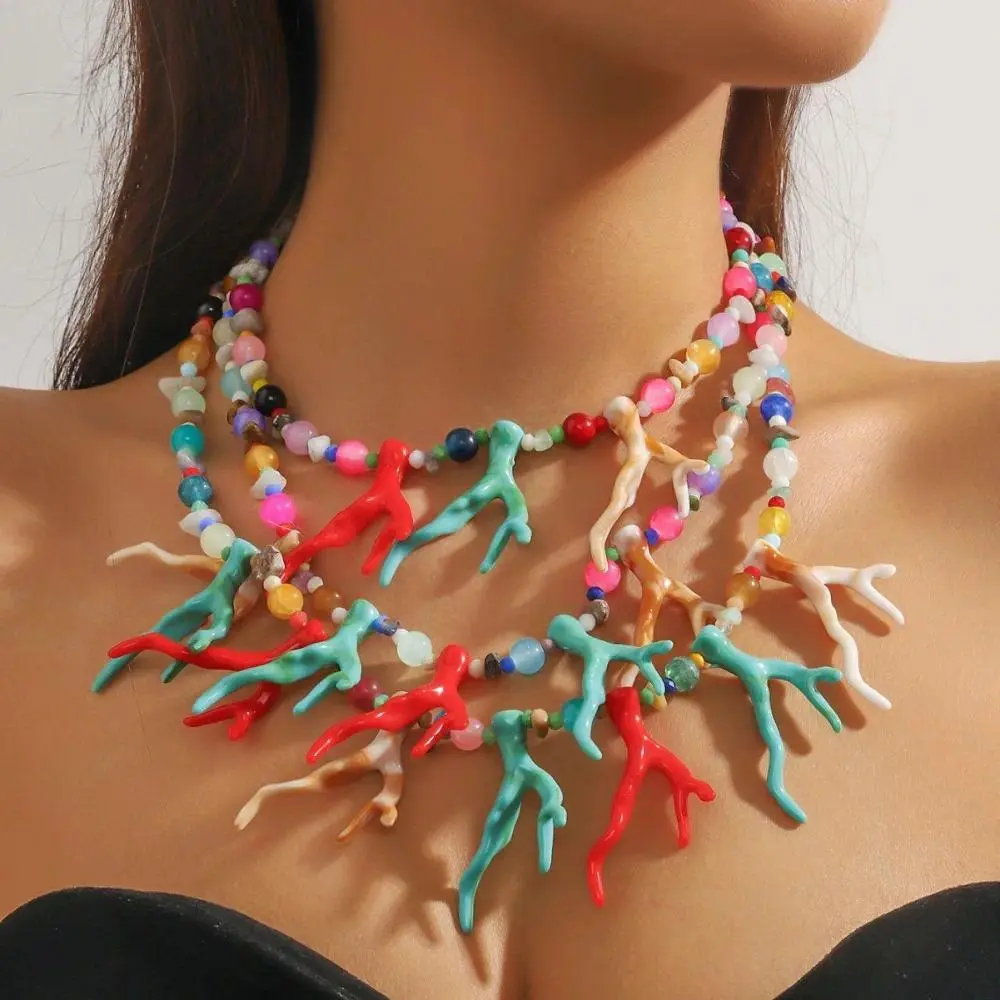 Exaggerated Multi-Layer Coral Bead Necklace for Women, Handmade Ocean Coastal Statement Choker, Chunky Beach Vacation Jewelry, Gifts for Her