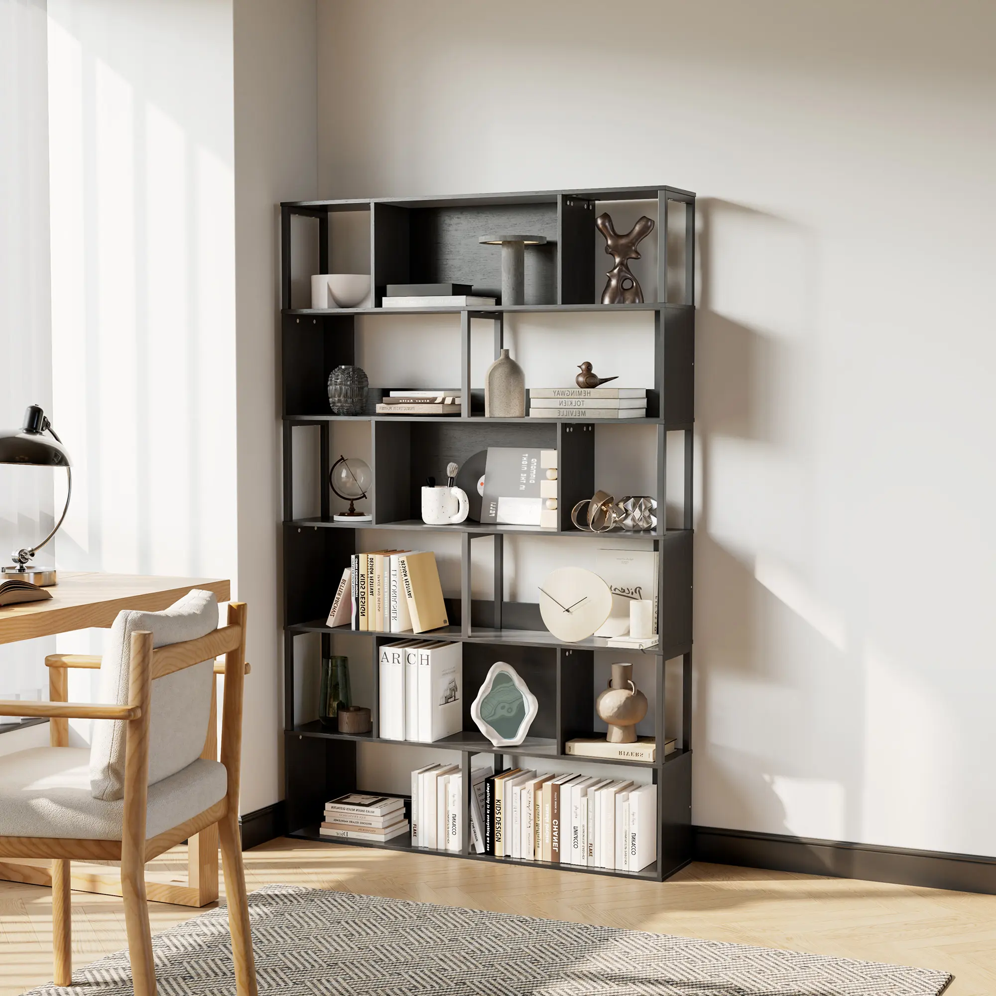 Modern 6-Tier Geometric Standing Bookshelf - Metal Bookcase & Display Rack - Room Divider with Anti-Tip Device - Slim Storage Shelf for Living Room