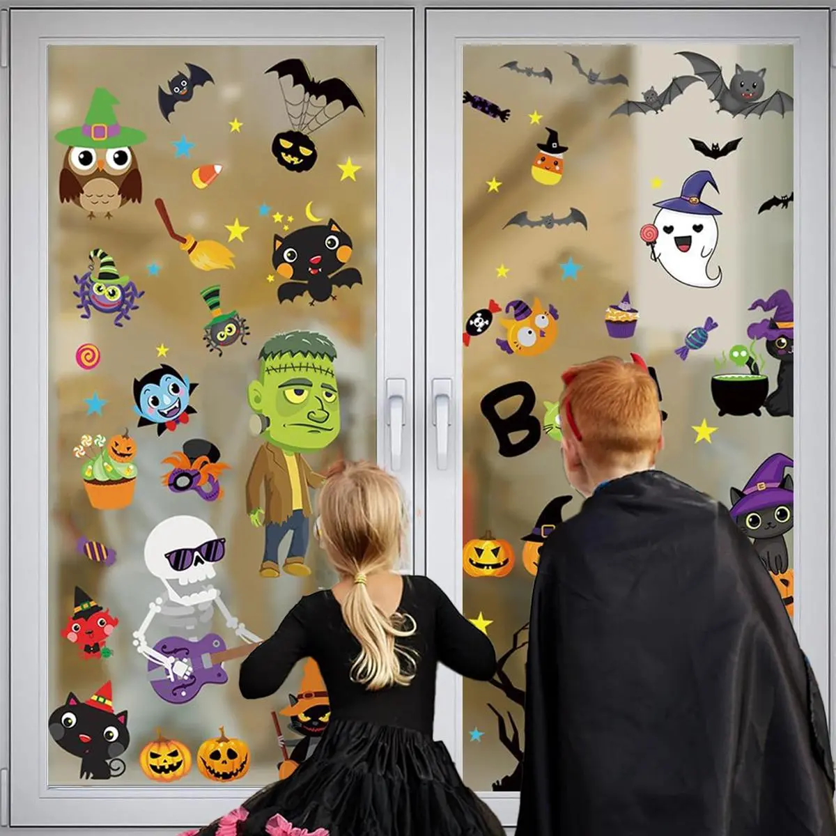 Halloween Window Clings – 173 Pcs 9 Sheets, Cute Witch Ghost Bat Pumpkin Skeleton Spider Web PVC Stickers, Static Cling No Residue, Reusable Party Decorations for Windows Glass Mirrors, Trick or Treat Favors