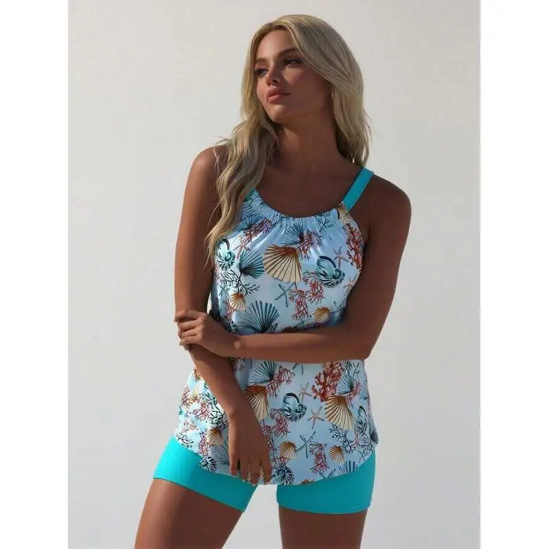 Women's Boho Seashell Print 2-Piece Tankini Set, Knitted Short Length Swimsuit with V-Wired Push Up Top and High Waisted Boyleg Bottoms, Two-Pieces
