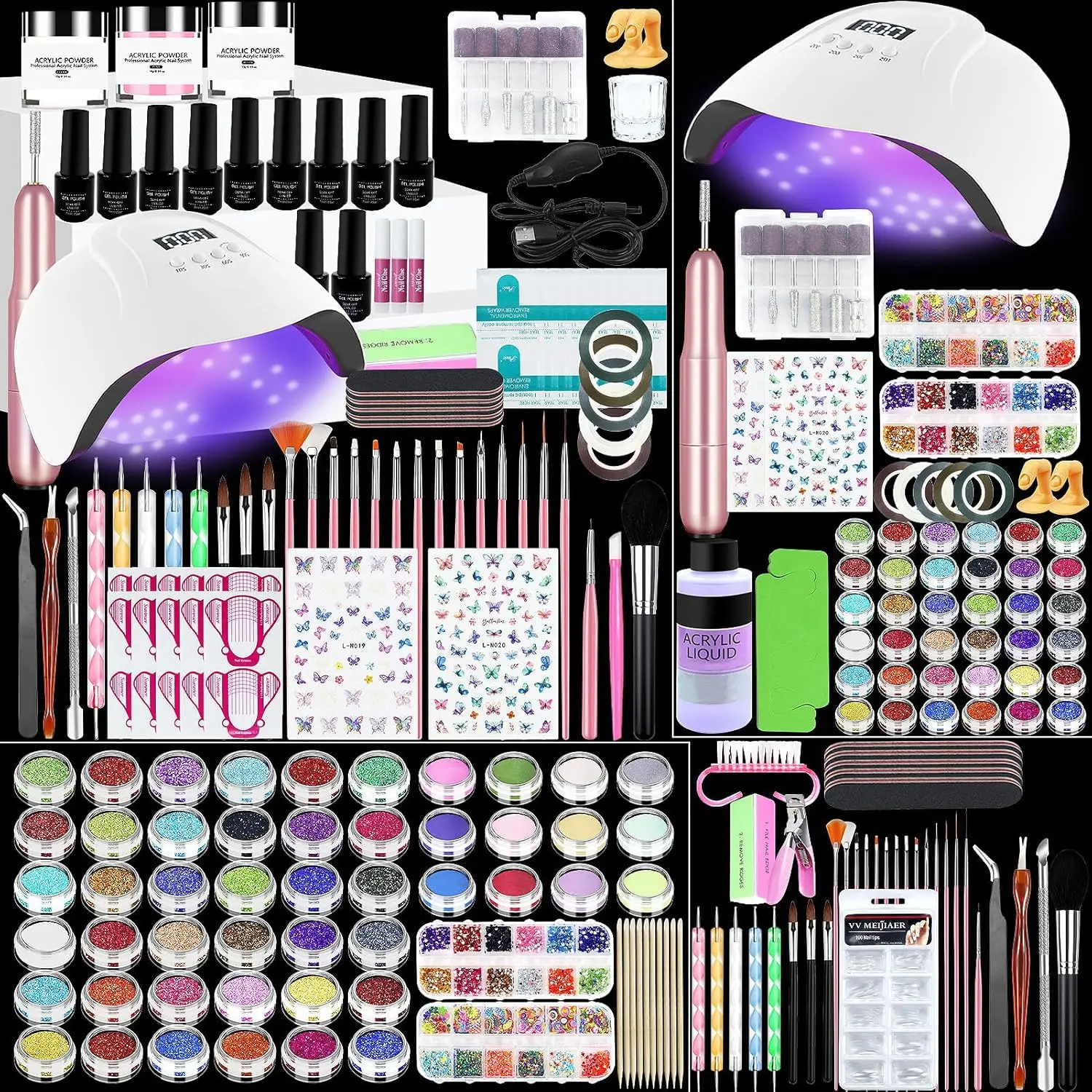Acrylic Nail Kit,Professional Multicolor Acrylic Nails Powder Nail Starter Kit Decoration Tools with Everything UV Light
