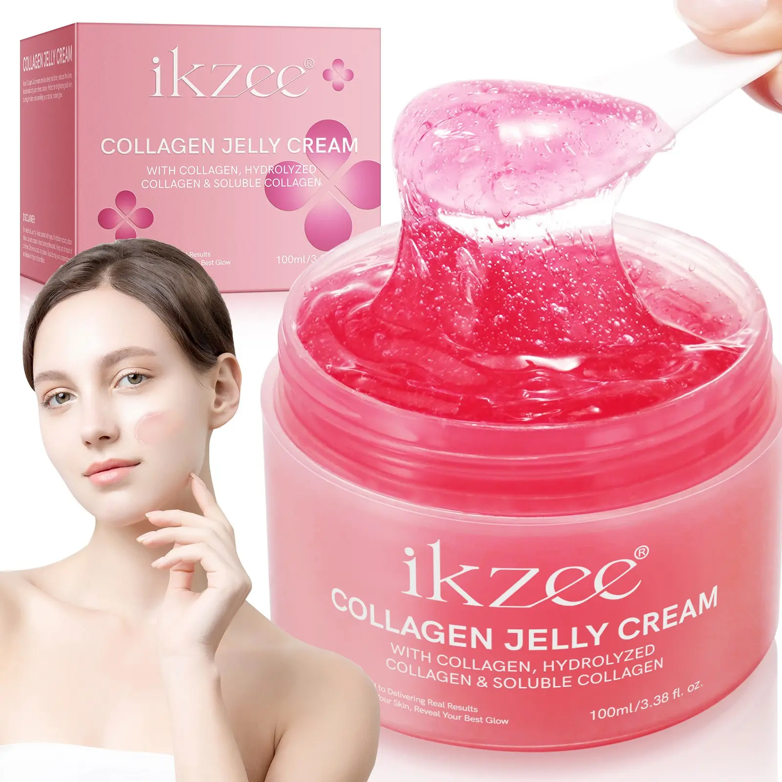 ikzee Collagen Jelly Cream Collagen Moisturizer hydrates, moisturizes, firms, and brightens the skin. It smooths fine lines and provides deep hydration—it’s a moisturizing cream.