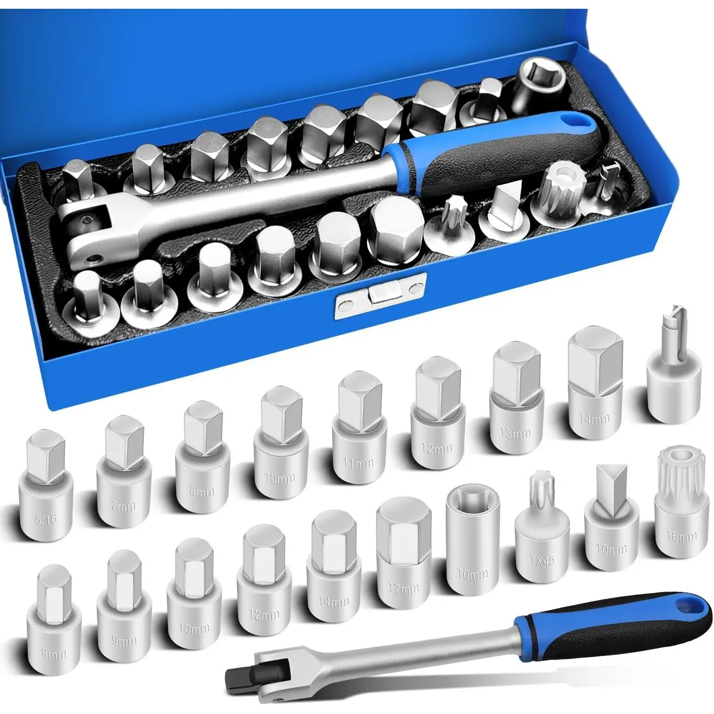 GJANSH 20PCS 3/8" Drive Oil Drain Sump Plug Key Set, Drain Plug Socket Set, Gearbox Hex Square Triangle Torx Spline Socket Set, Engine Repair Mechanic tool