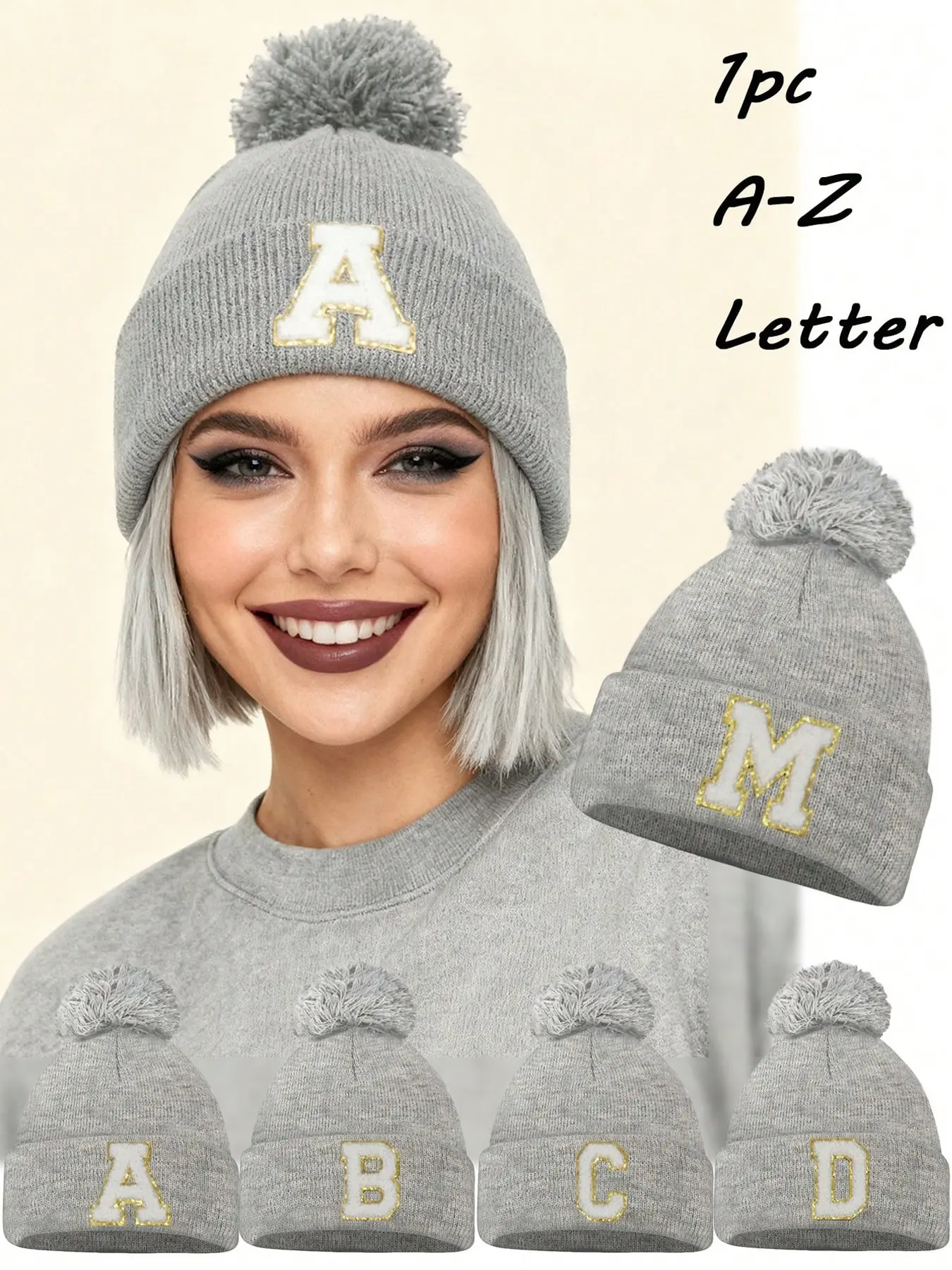 1PC Grey A-Z Custom Initial Letter Knit Beanie, Windproof Outdoor Warm Cap, Soft Versatile Winter Hat, Adult Unisex, Fall Winter Outfits, Cold Weather Travel, Holiday Gifts