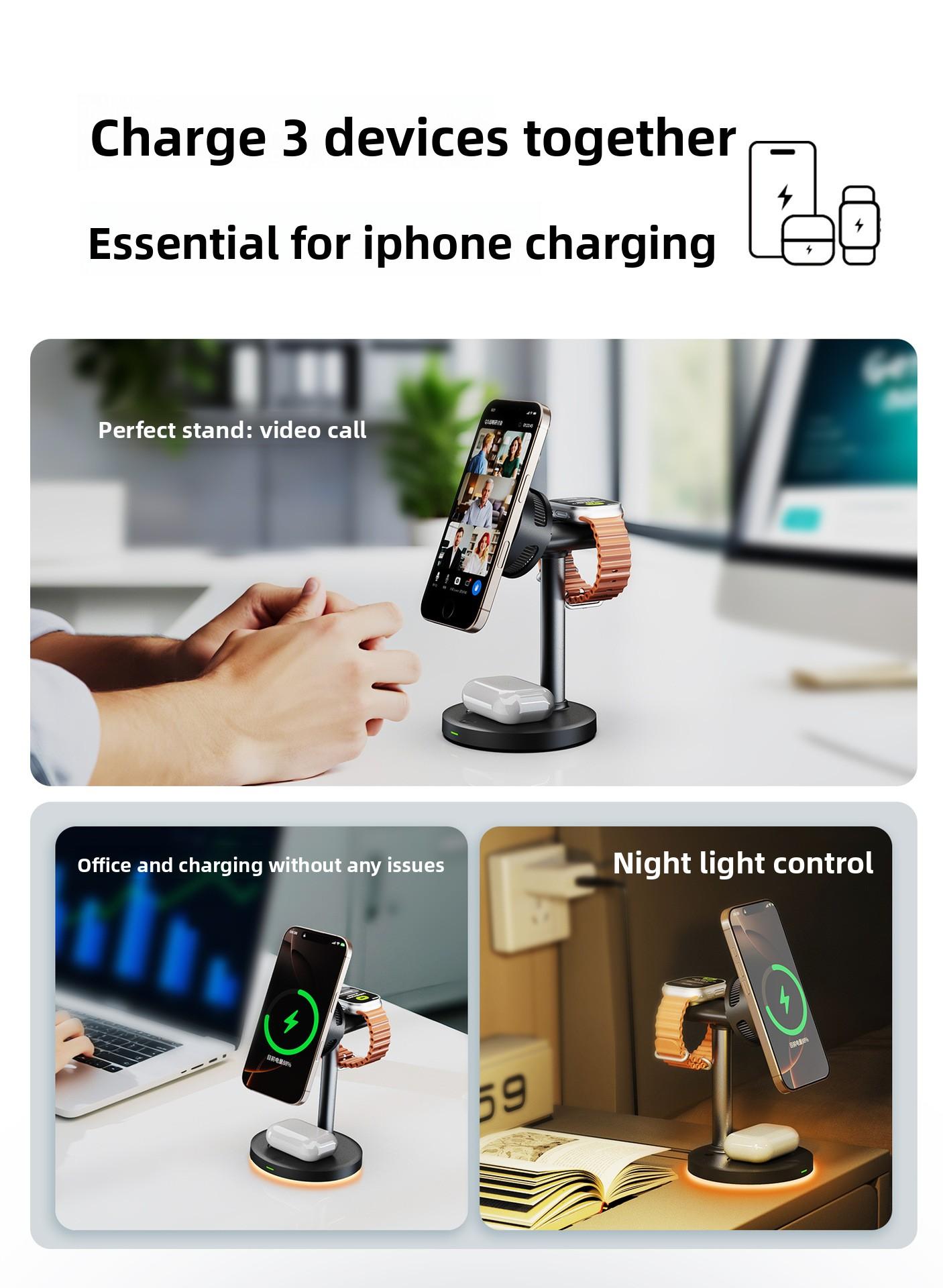3 in 1 Wireless Charging Station, MagSafe Charger Stand Compatible, Qi2 25W Certified Palm-Sized Foldable Charger for iPhone 17/16, Apple Watch, AirPods (Non-Battery, Adapter Included)