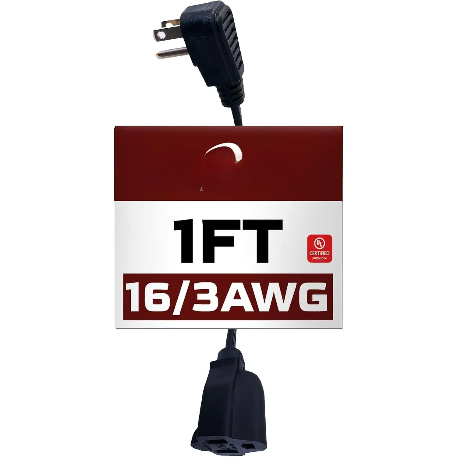 1 Ft Black Flat Plug Extension Cord, 16 Gauge Heavy Duty Power Cord | 16/3 SPT-3 , 13A Rated, 3 Prong Grounded Plug, UL Certified, Space Saving Design,  Behind Furniture