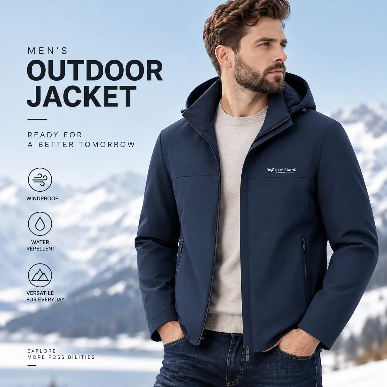 Men's Hooded Softshell Jacket Wind-Resistant Light Warm Zip-Up Outdoor Casual Winter Coat