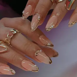 Press on Nails Almond - French Tip Fake Nails with Gold Line Design - Medium Fasle Nails Press ons - for Women 24 Pcs