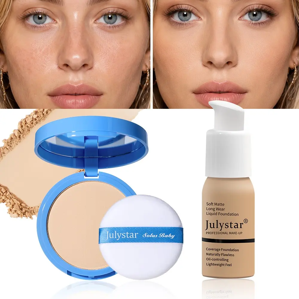 All Day Flawless Base Makeup Kit, Soft Matte Liquid Foundation & Setting Powder Combination, Shrink Pores Even Skin Tone, Humidity Resistant Non-caking, Natural Matte Finish, Long Wear Face Cosmetic Set for Daily Outdoor Use