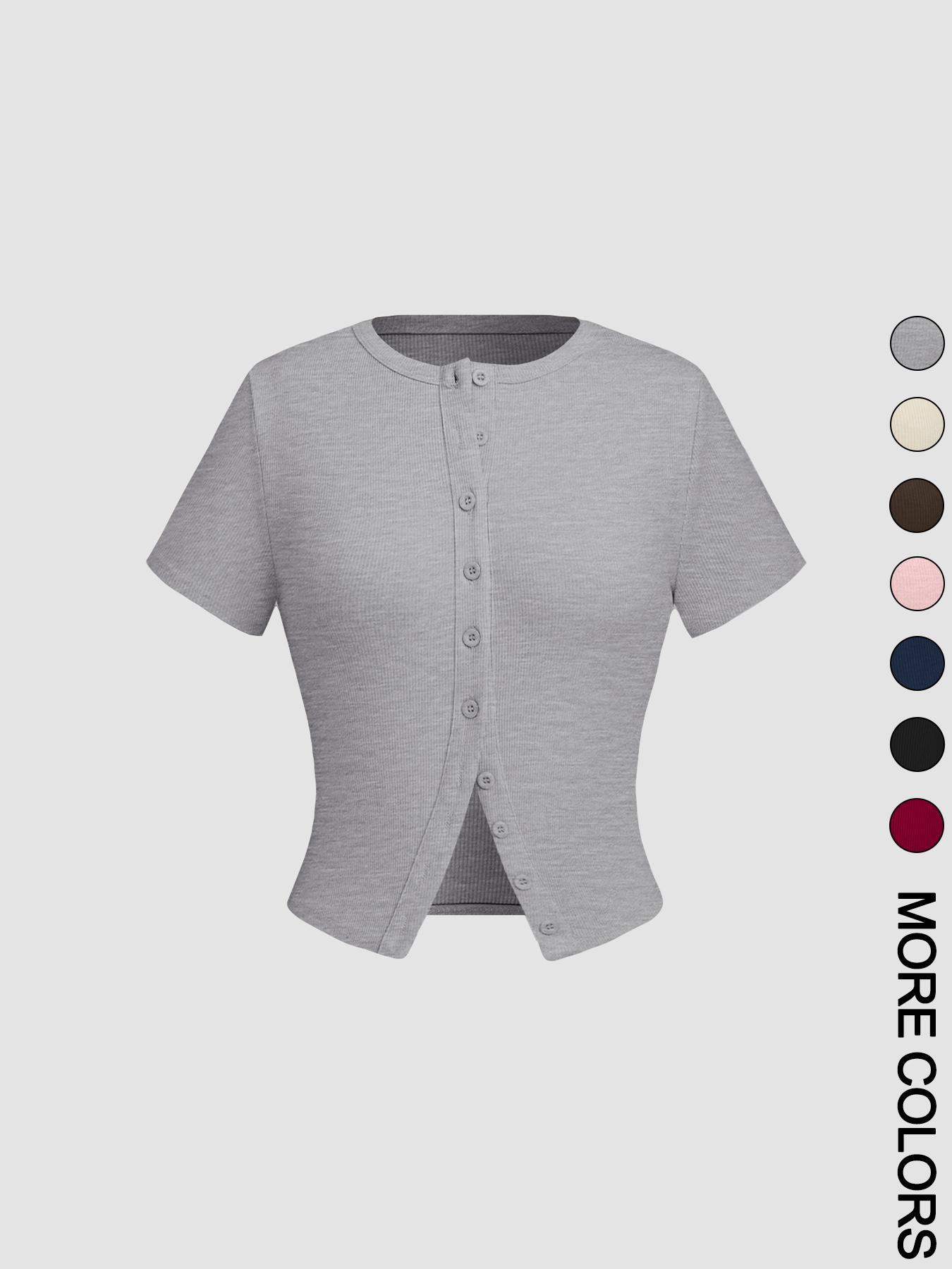 Women's Plain Button Front Crop Tee, Casual Short Sleeve T-shirt for Daily Wear, Ladies Clothes for All Seasons, Womenswear