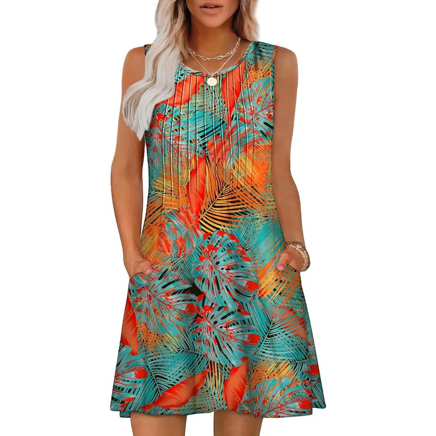 Women's Solid Loose Sundress, Sleeveless Crew Neck Tank Dress with Pockets, Summer Beach Vacation Casual Wear, Beach Casual, Loose Wear, Plain