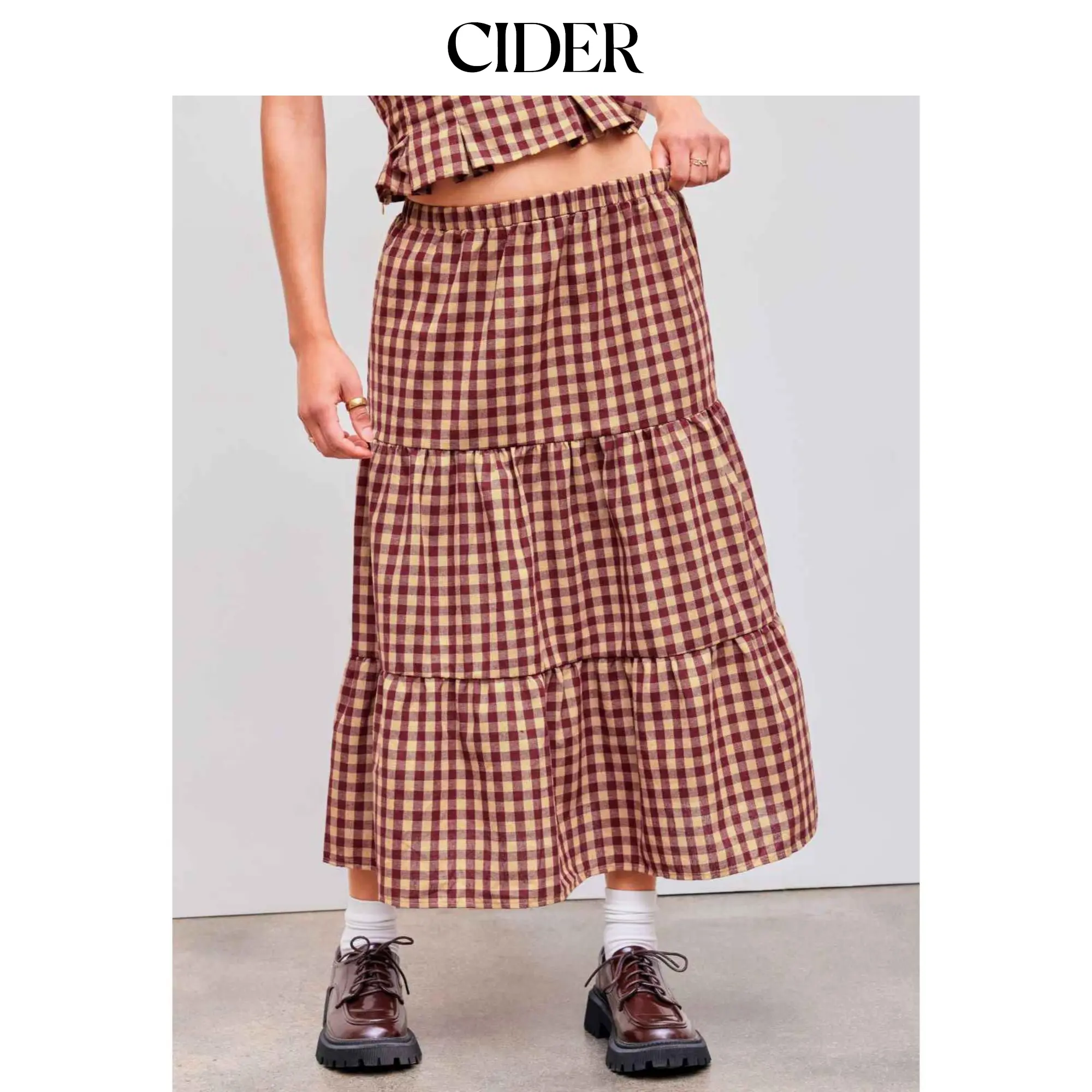 Cider Woven High Rise Gingham Tiered Midi Skirt Cider Woven High Rise Gingham Tiered Midi Skirt
