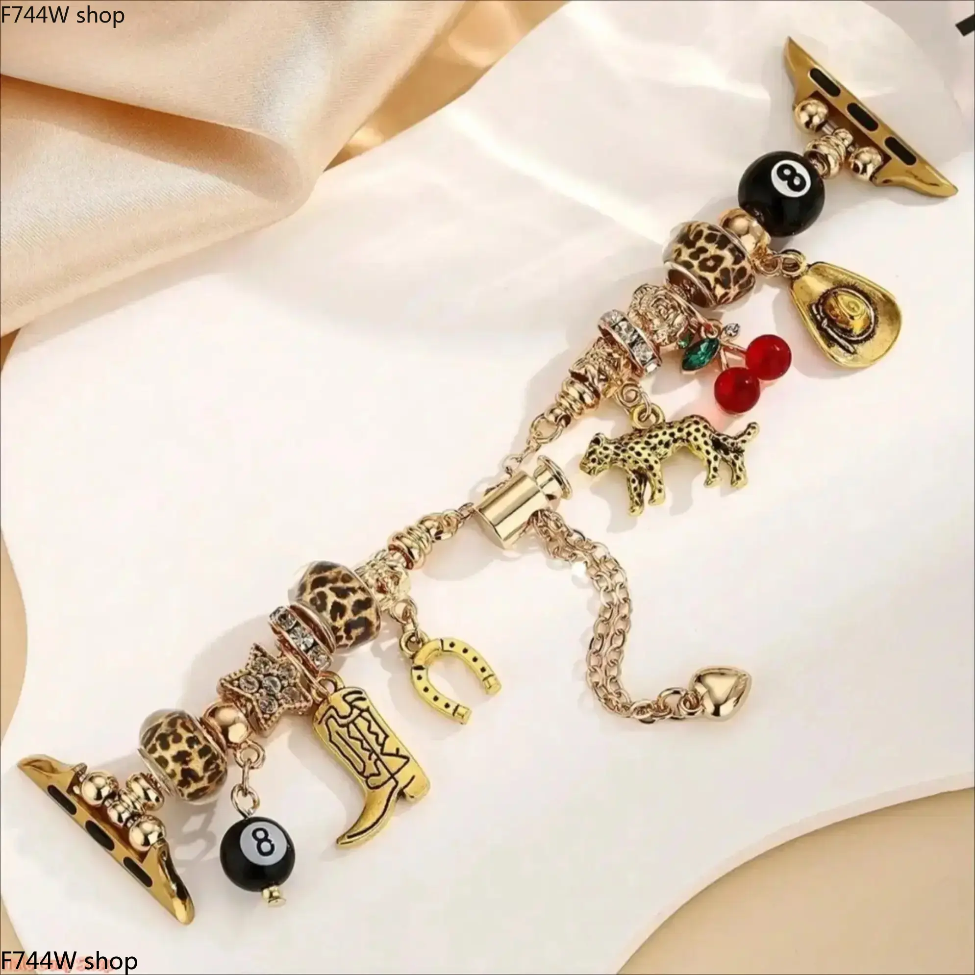 Western Apple Watch Band for Women, Leopard Print Bracelet Strap with Cactus & Cowboy Boot Charms, Vintage Style Smartwatch Accessory Compatible with 38-49mm