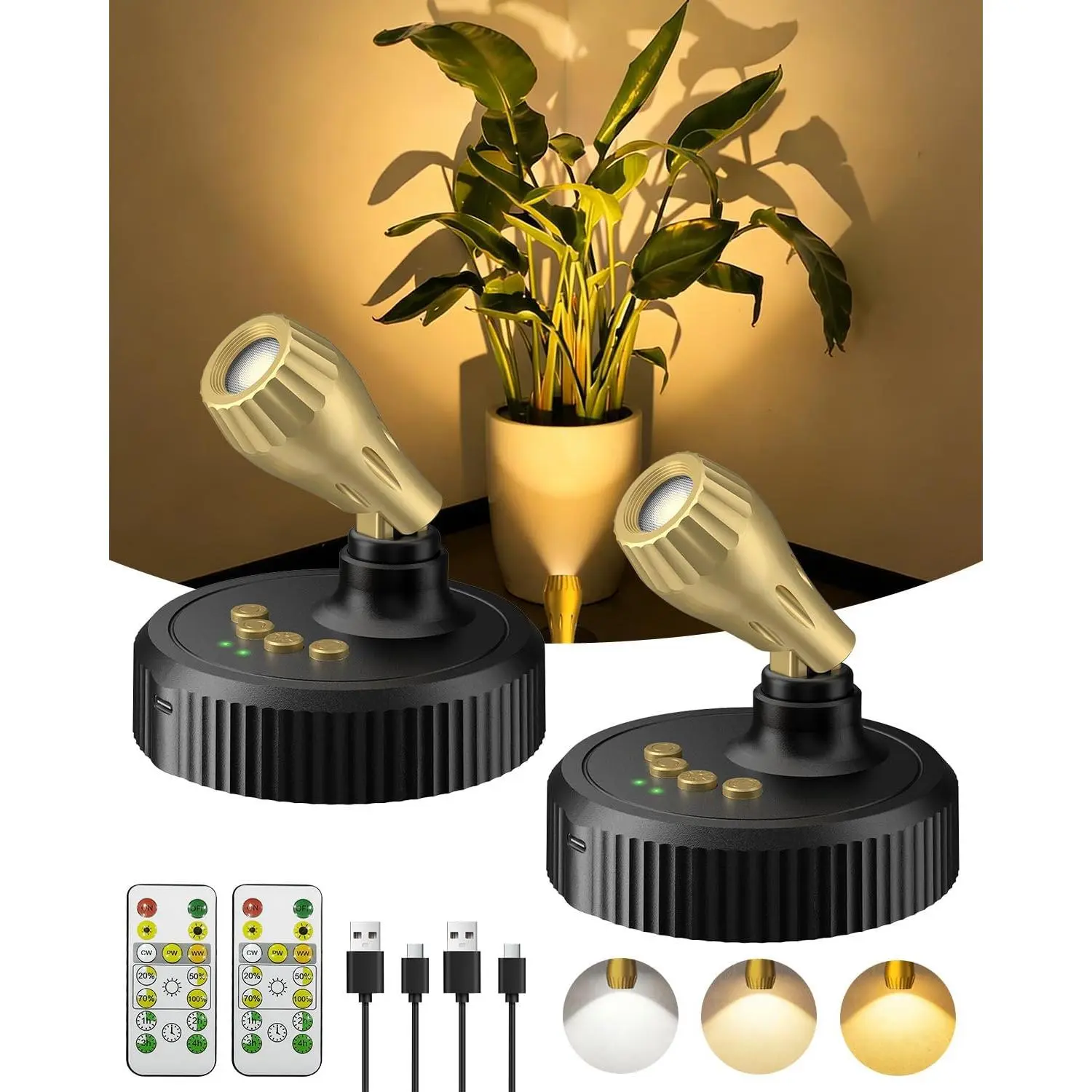 LED Spotlights Indoor with Remote, Uplights with Timer (2 Pack) | 6500mAh Rechargeable    Light Indoor with Remote Dimmable, Easy Install for  Decor, Artwork,
