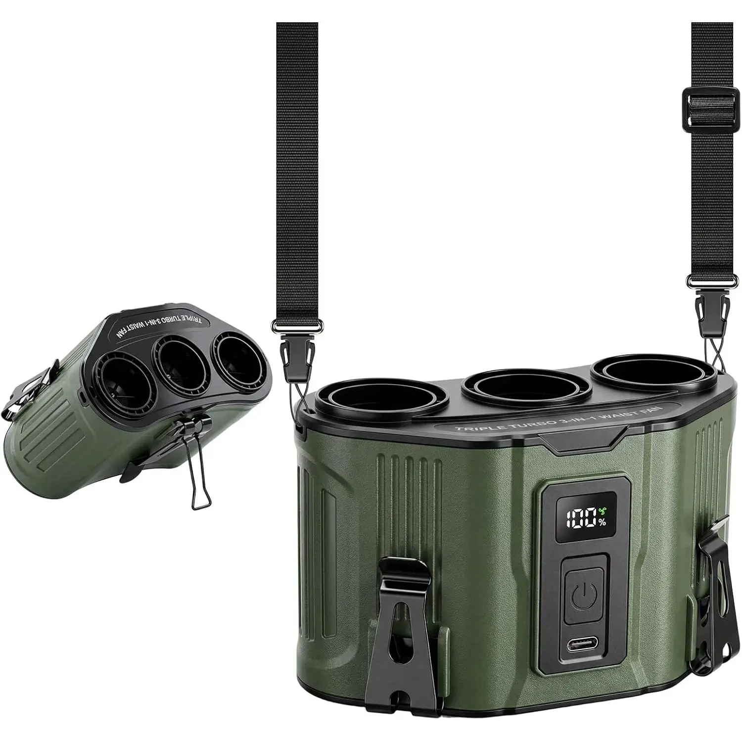 Portable  Fan with 3 Turbo Fans, 12000mAh Rechargeable Wearable Belt Fan, Shirt Fan  Airflow  Cooling, Hands Free Clip Fan for Outdoor Jobsite Construction Farm, Green