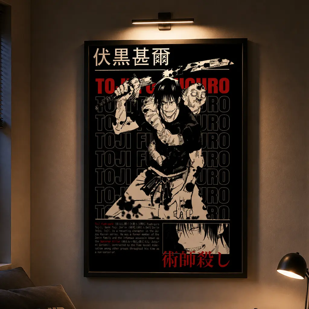 Toji Fushiguro Canvas Wall Art – Jujutsu Kaisen Anime Poster, Manga Battle Scene, Black & White with Red Accent, Epic Fighting Illustration, Anime Room Decor, Japanese Character Wavelo Art, Gaming Room Decor, Otaku Room Decor, Anime Fan Gift