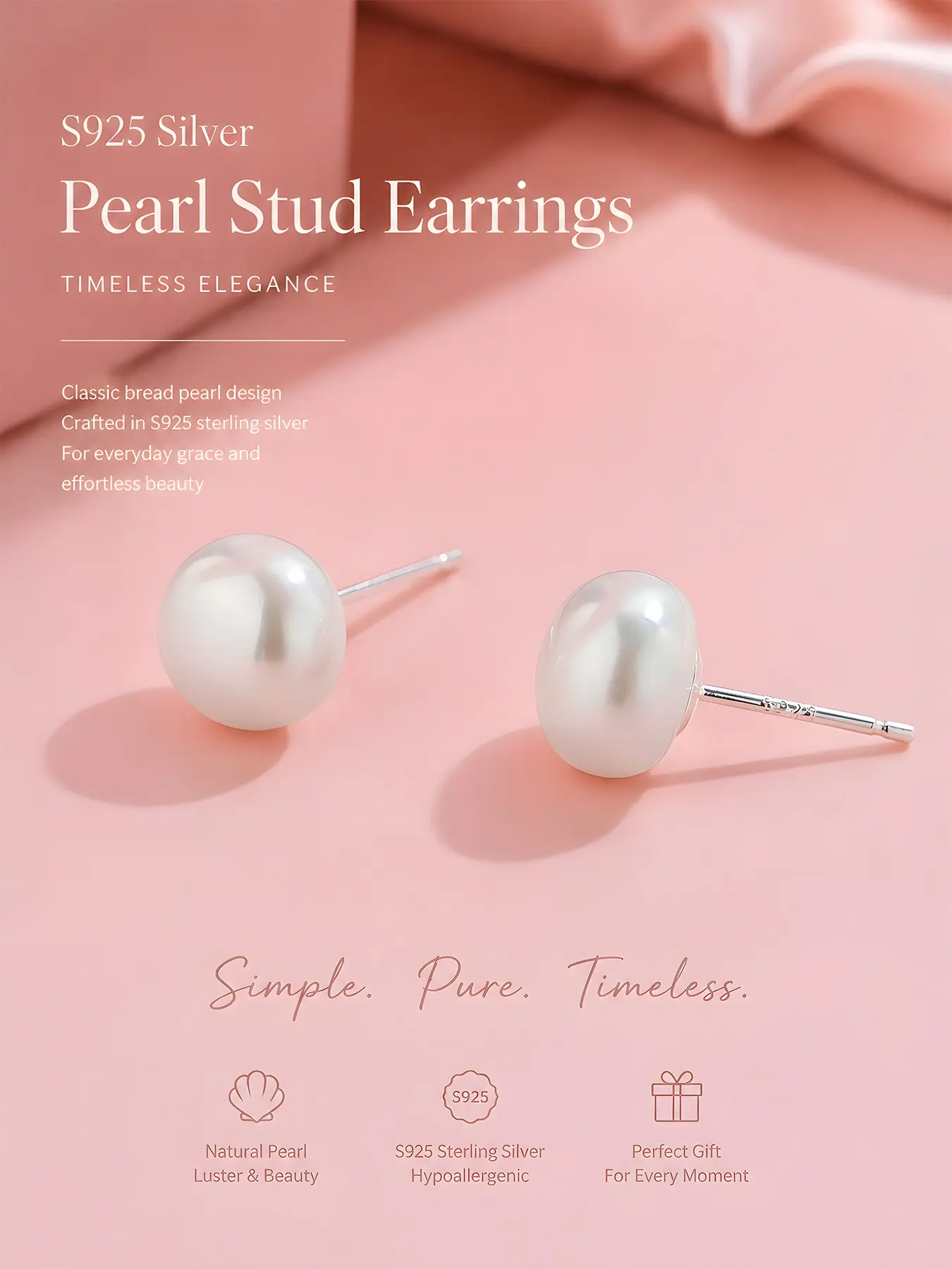 Elegant S925 Silver Pearl Earrings for Women, Hypoallergenic Fashion Jewelry, Perfect Gift for Friends, Daily Wear Ear Studs