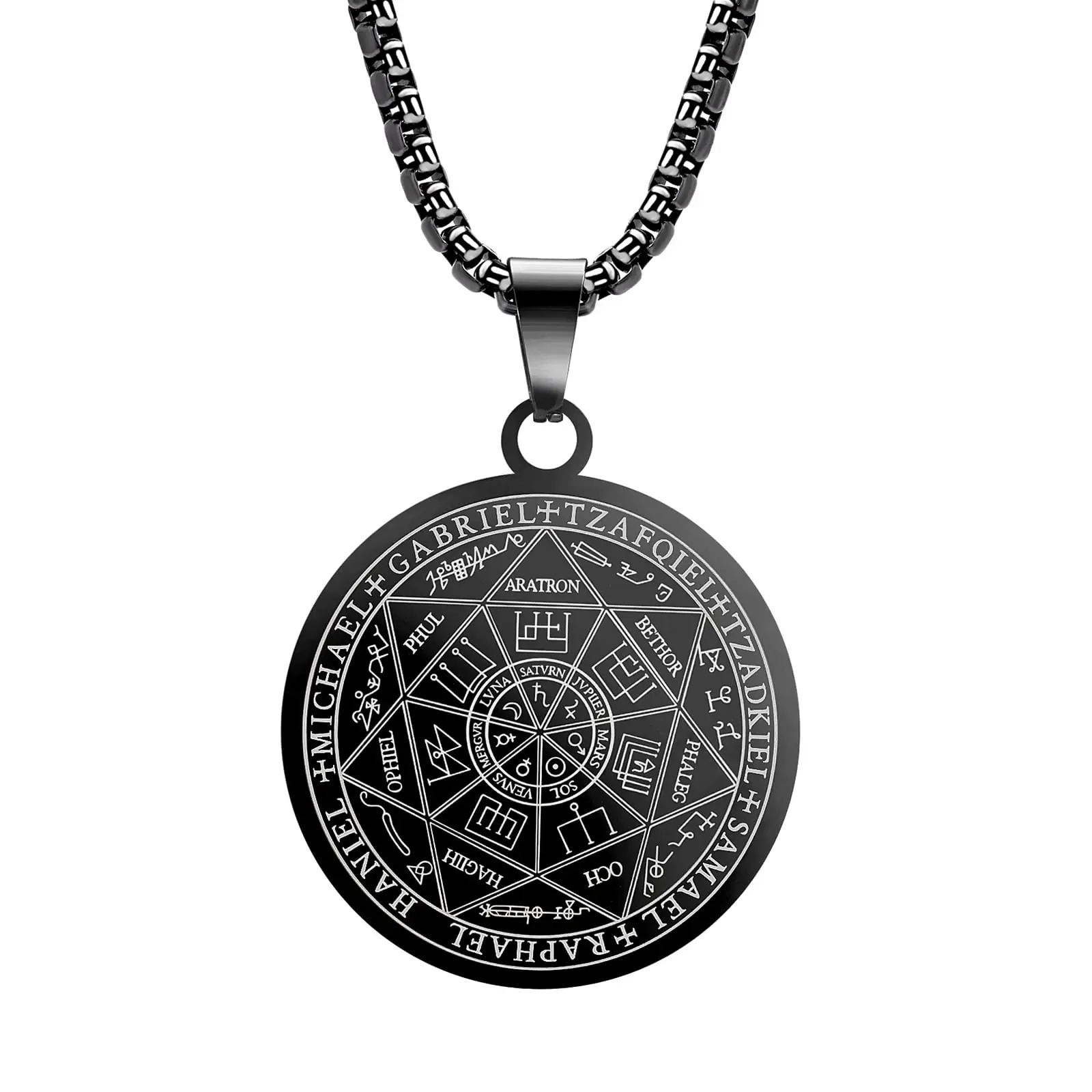 Yaumatea Seven Archangels Pendant Necklace for Men Women, 316L Stainless Steel Seal of the Seven Archangels Protection Amulet, Religious Talisman Medallion with 24" Chain
