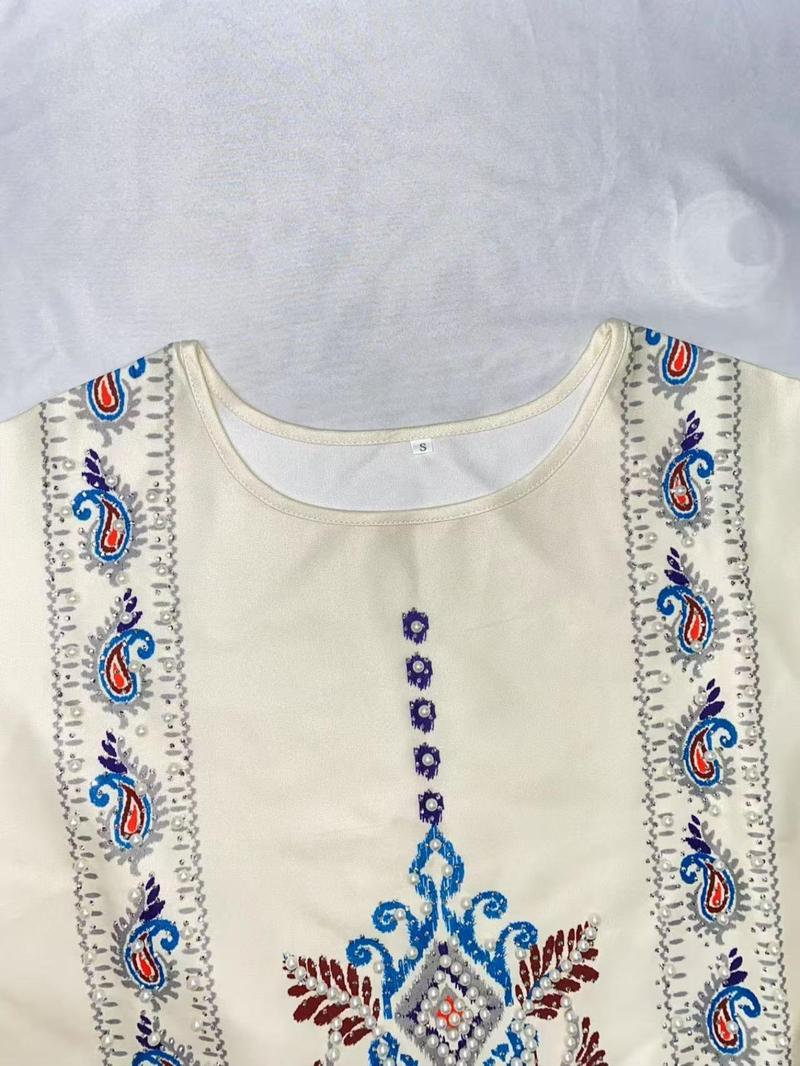 Middle Eastern Women's Embellished Pearl Round Neck Floral Printed Luxurious Elegant Jalabiya Dress, Loose-Fitting All Seasons Fashion